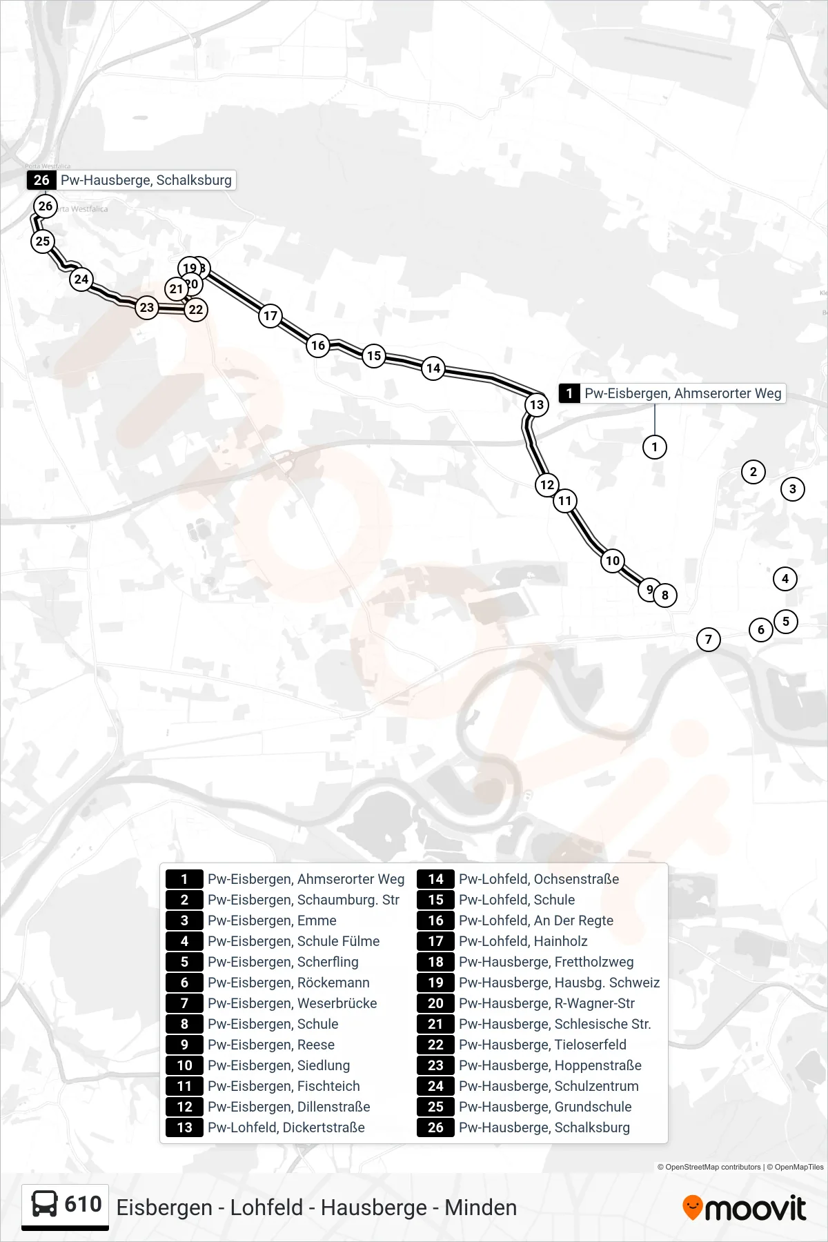 610 bus Line (Pw-Hausberge, Schalksburg) route and stops on a map