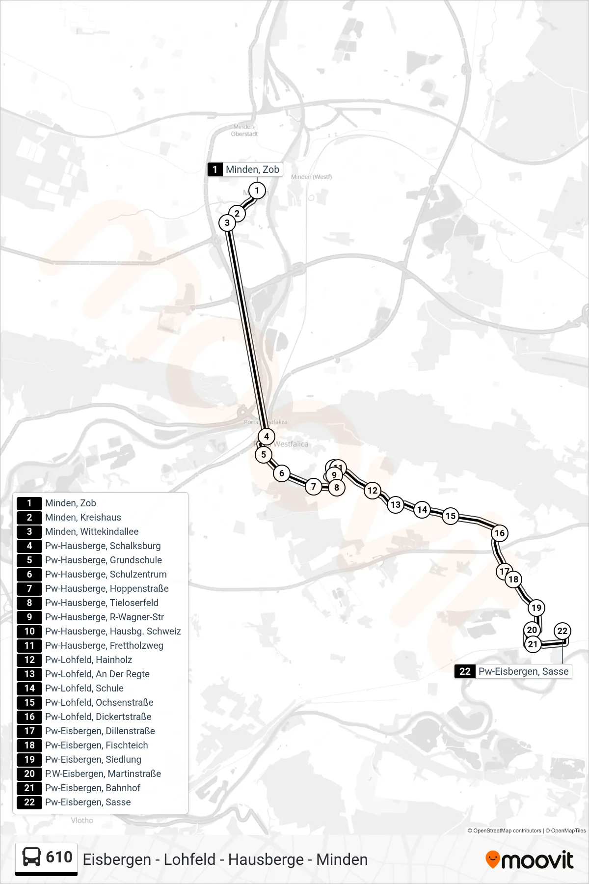 Linie 610 (Bus) Richtung Pw-Eisbergen, Sasse: Route und Haltestellen auf der Karte