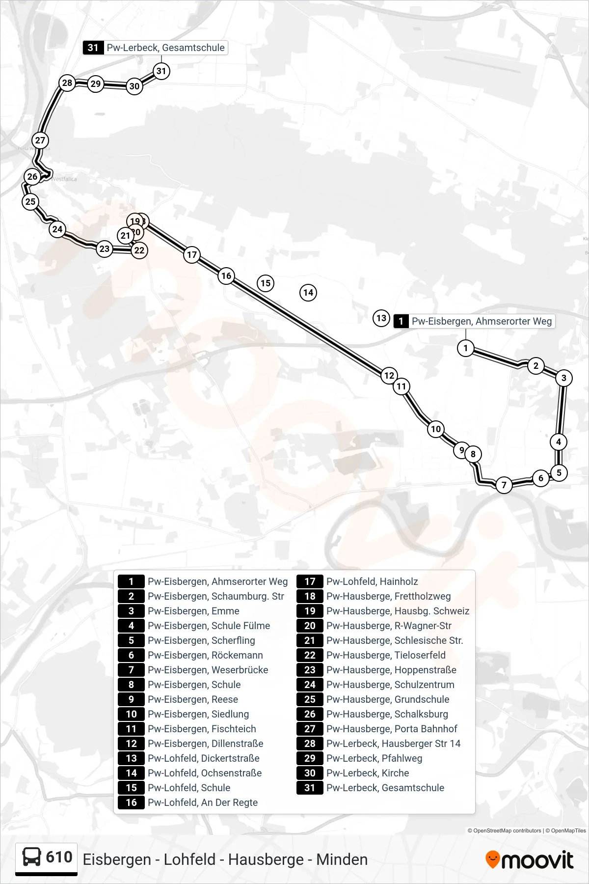 610 bus Line (Pw-Lerbeck, Gesamtschule) route and stops on a map