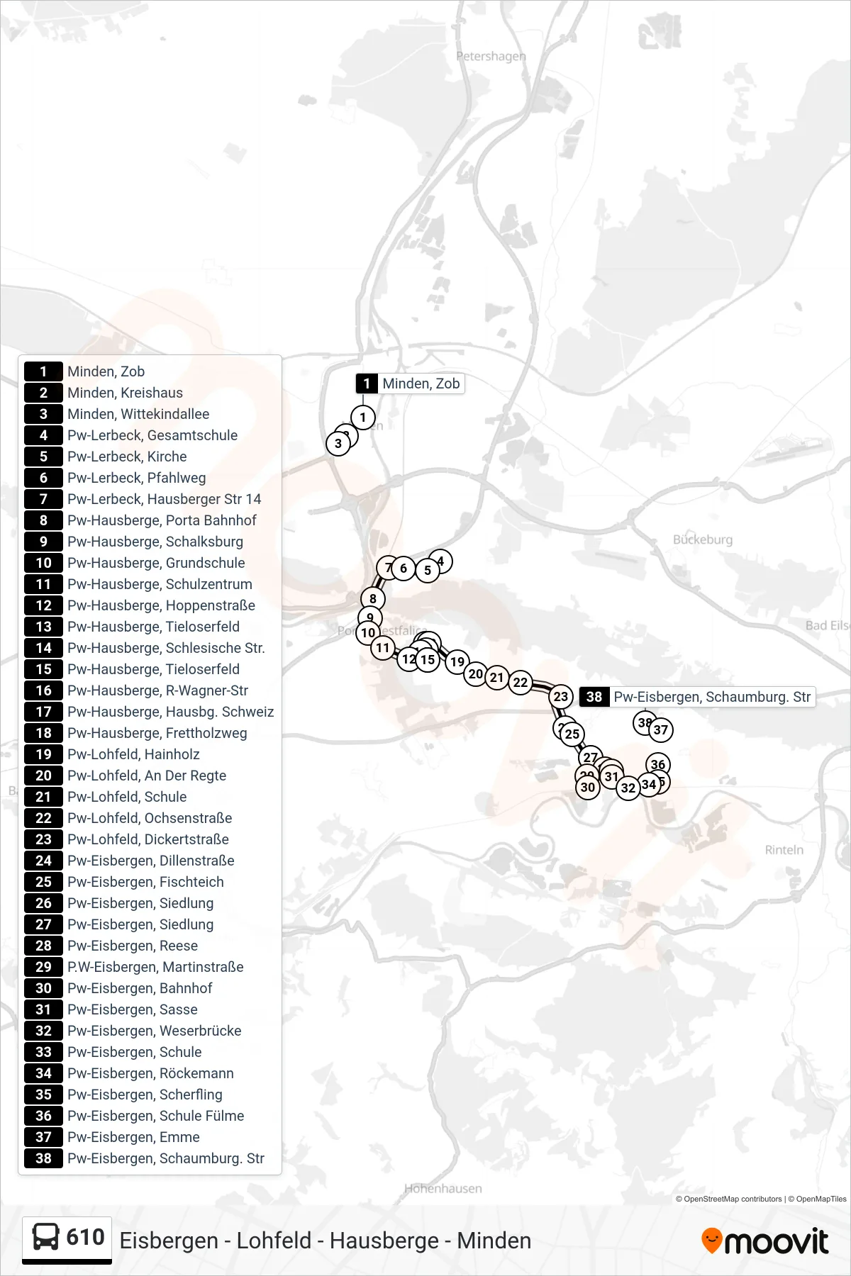 610 bus Line (Pw-Eisbergen, Schule) route and stops on a map