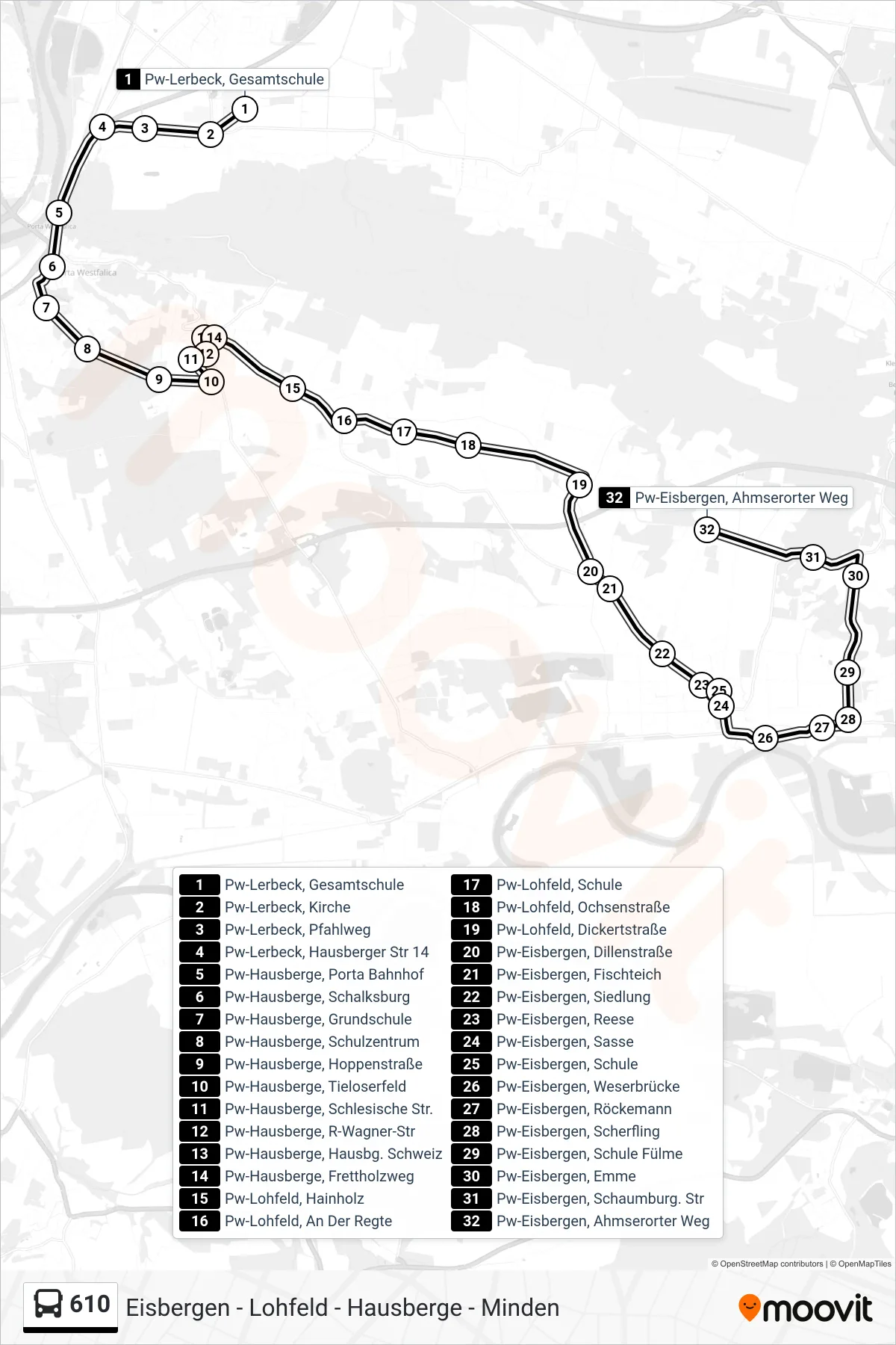610 bus Line (Pw-Eisbergen, Ahmserorter Weg) route and stops on a map