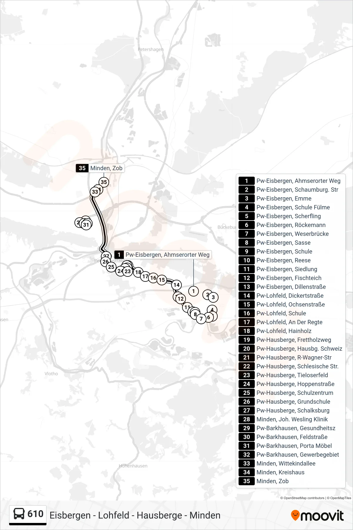 610 bus Line (Minden, Zob) route and stops on a map