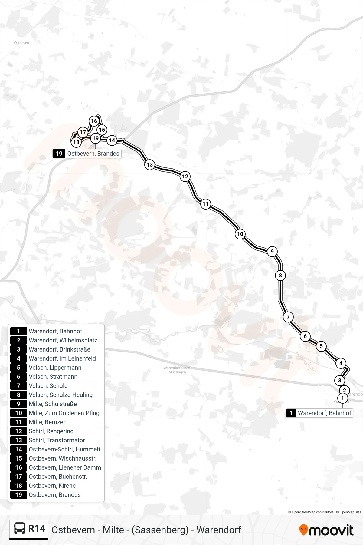 R14 tram Line (Ostbevern, Brandes) route and stops on a map