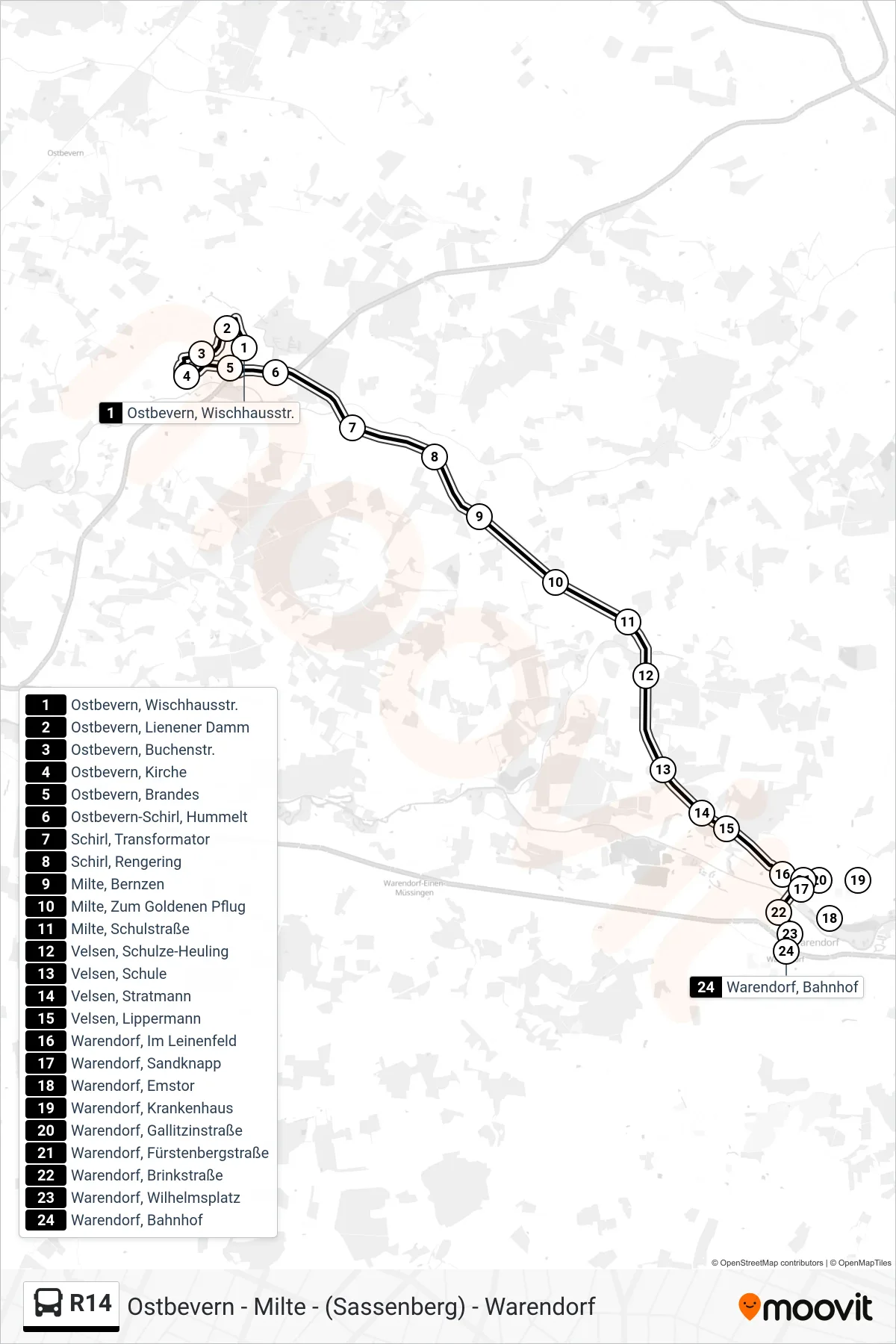 R14 tram Line (Warendorf, Bahnhof Bstg 5e) route and stops on a map