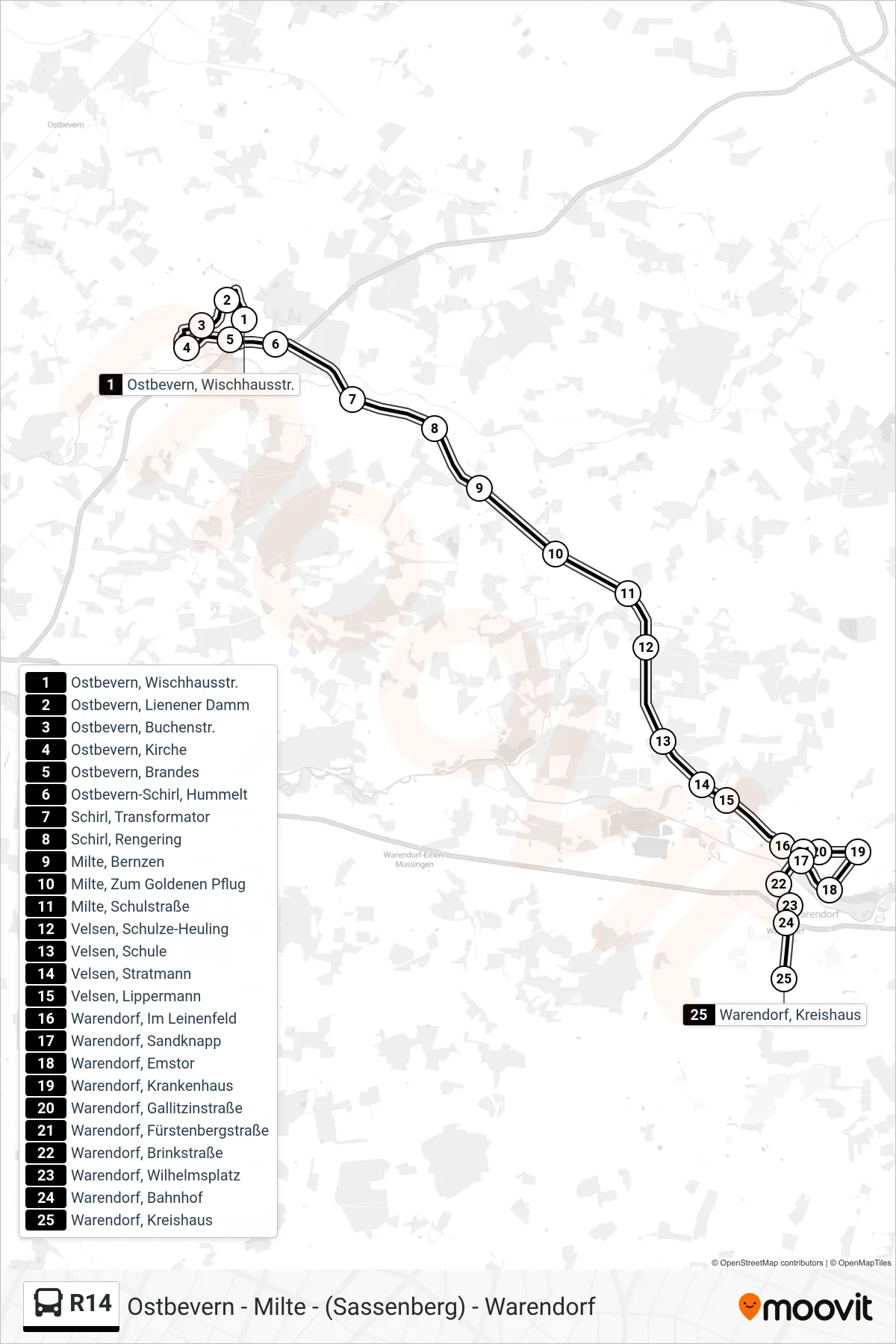 R14 tram Line (Warendorf, Kreishaus) route and stops on a map