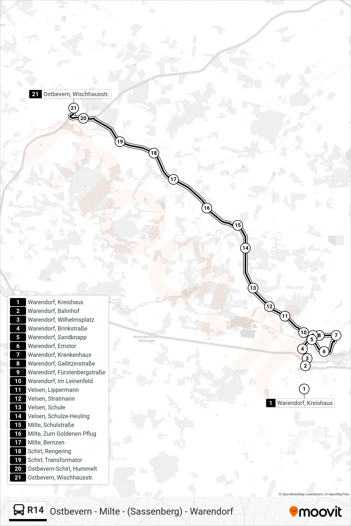 Linie R14 (Tram) Richtung Ostbevern, Wischhausstr.: Route und Haltestellen auf der Karte