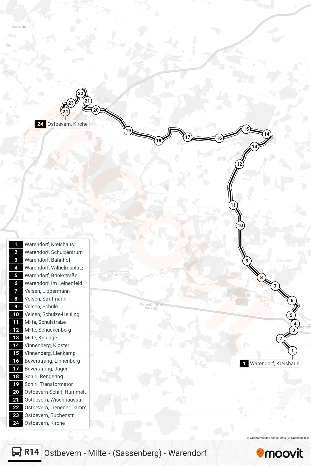 R14 tram Line (Ostbevern, Kirche) route and stops on a map