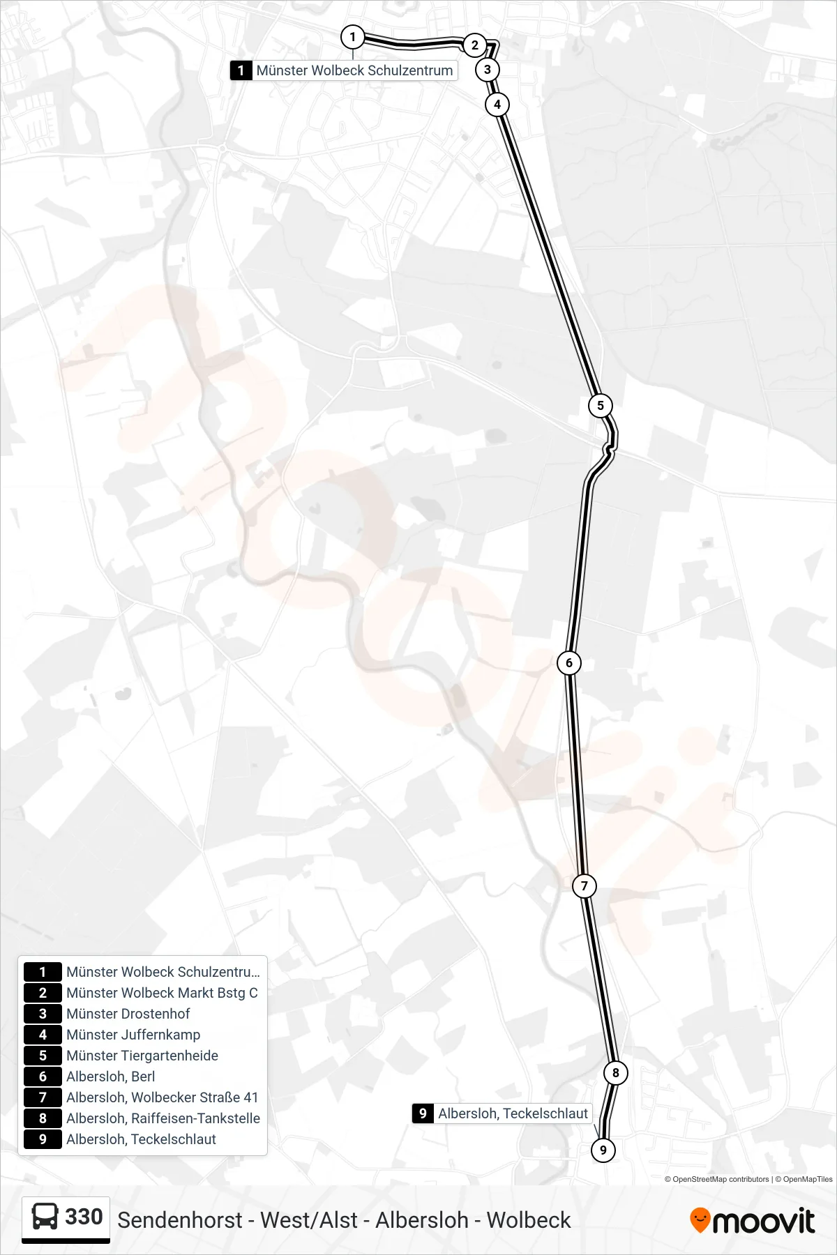 Linie 330 (Bus) Richtung Albersloh, Teckelschlaut: Route und Haltestellen auf der Karte