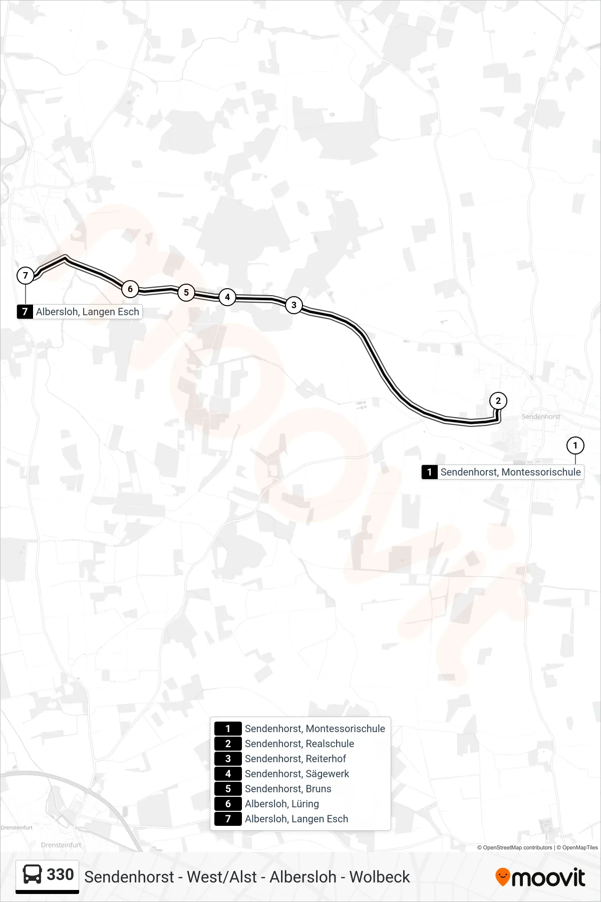 330 bus Line (Albersloh, Langen Esch) route and stops on a map