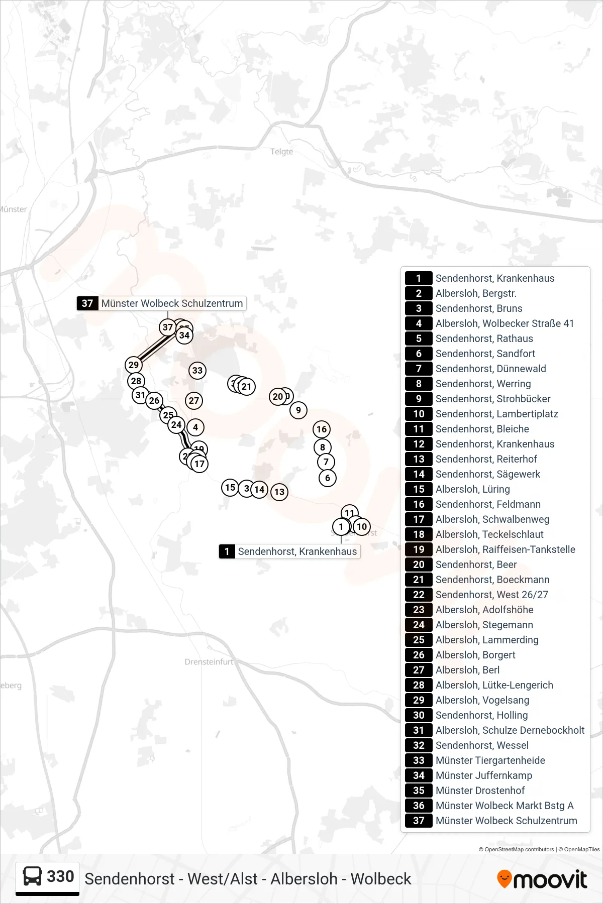 330 bus Line (Münster Wolbeck Schulzentrum) route and stops on a map