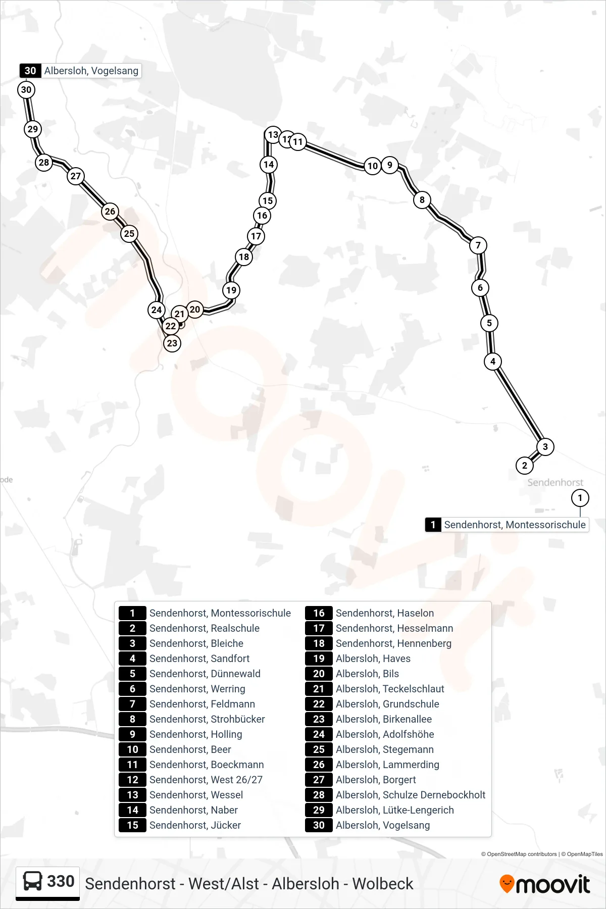 330 bus Line (Albersloh, Vogelsang) route and stops on a map