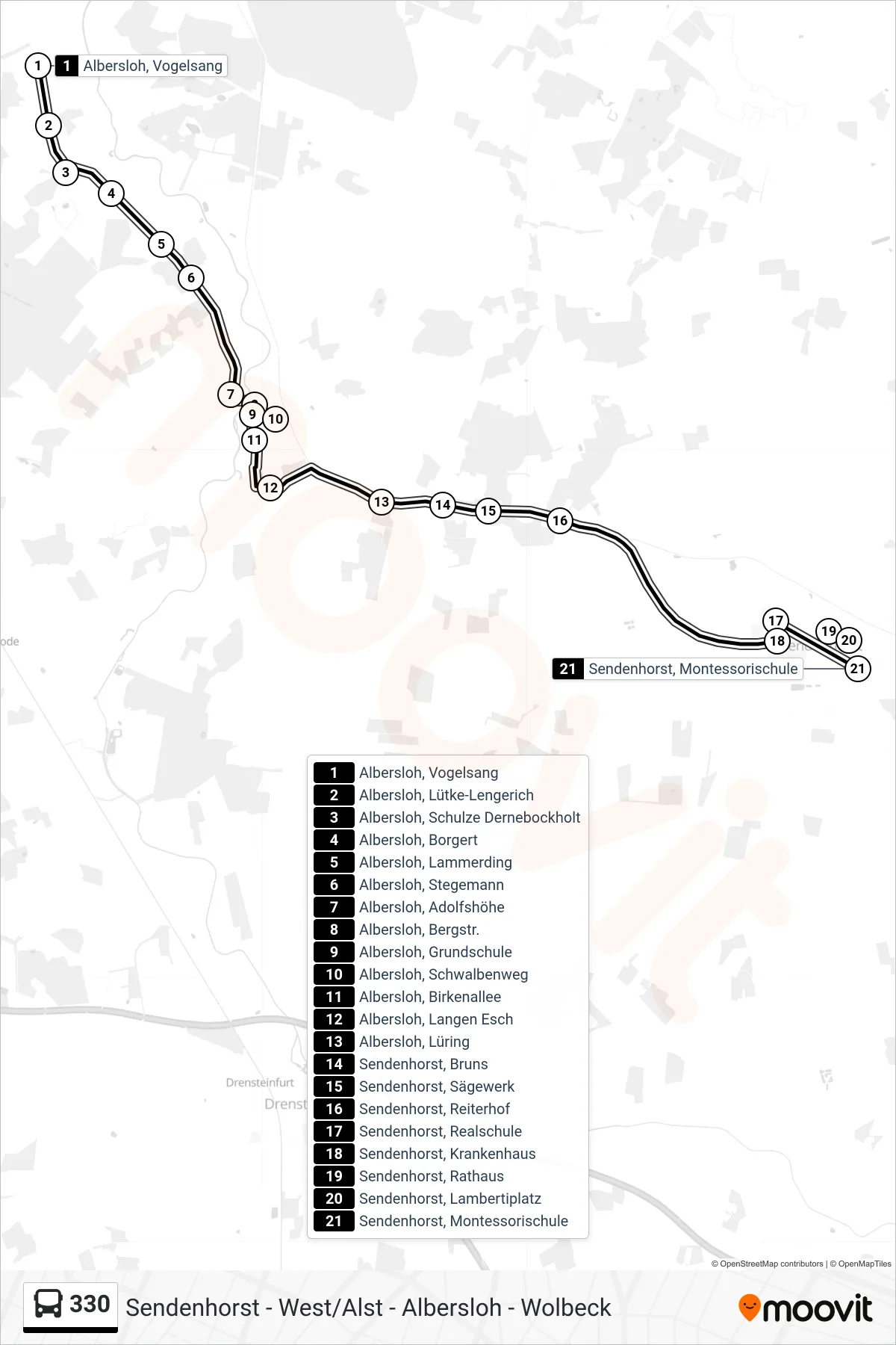330 bus Line (Sendenhorst, Montessorischule) route and stops on a map