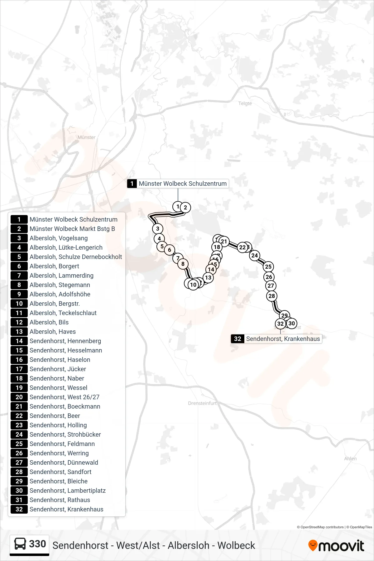 330 bus Line (Sendenhorst, Krankenhaus) route and stops on a map