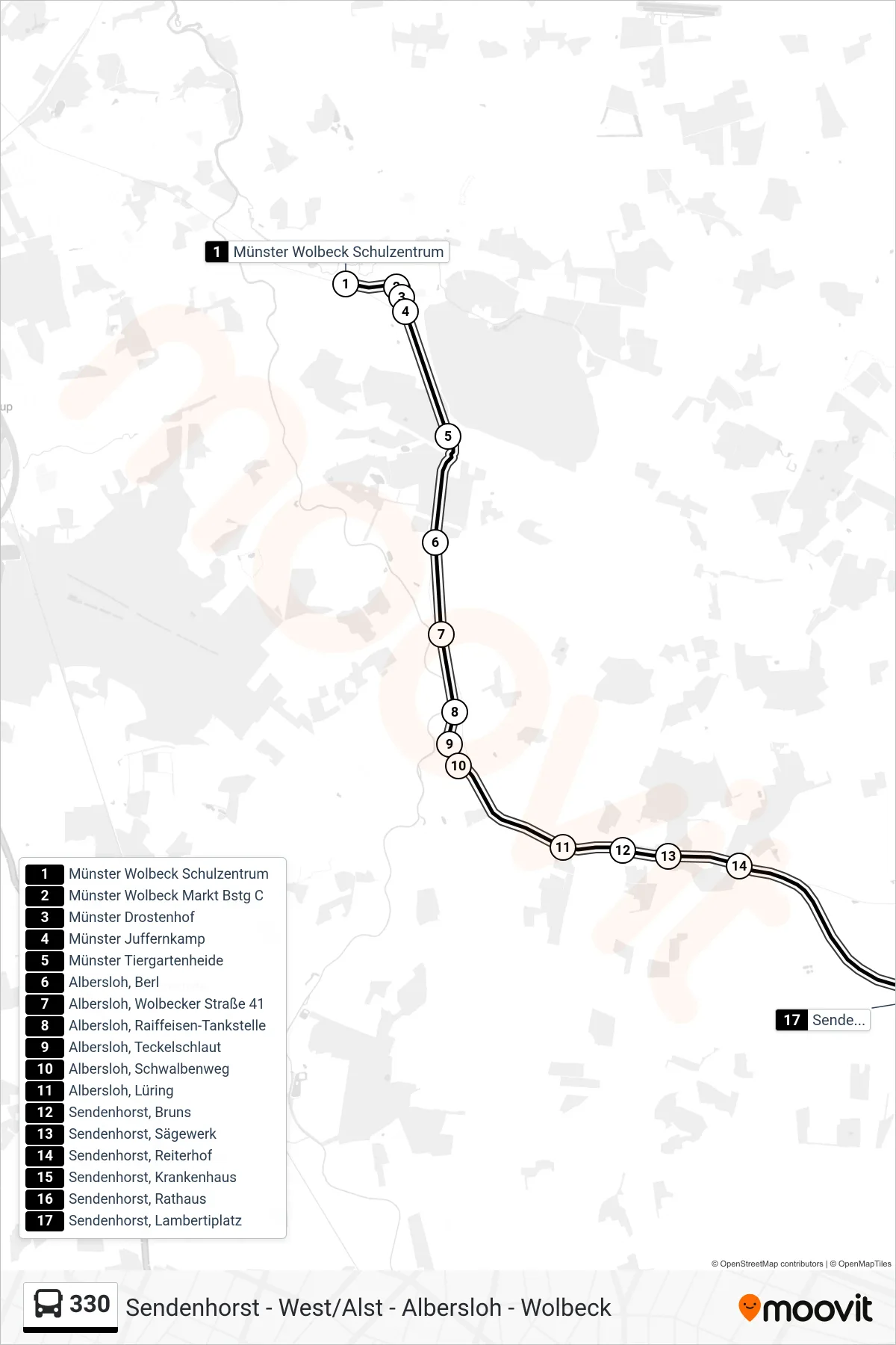 330 bus Line (Sendenhorst, Lambertiplatz) route and stops on a map