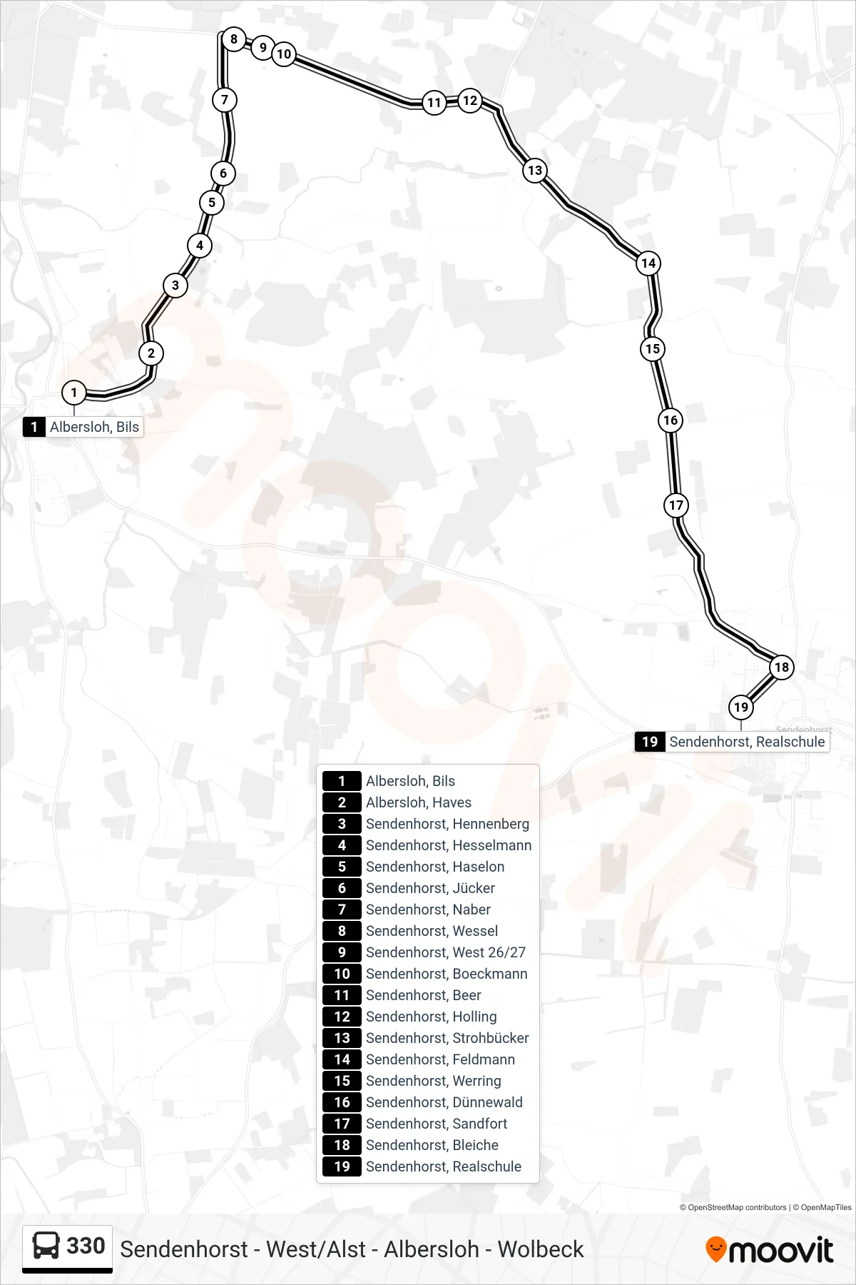 330 bus Line (Sendenhorst, Realschule Bstg B) route and stops on a map