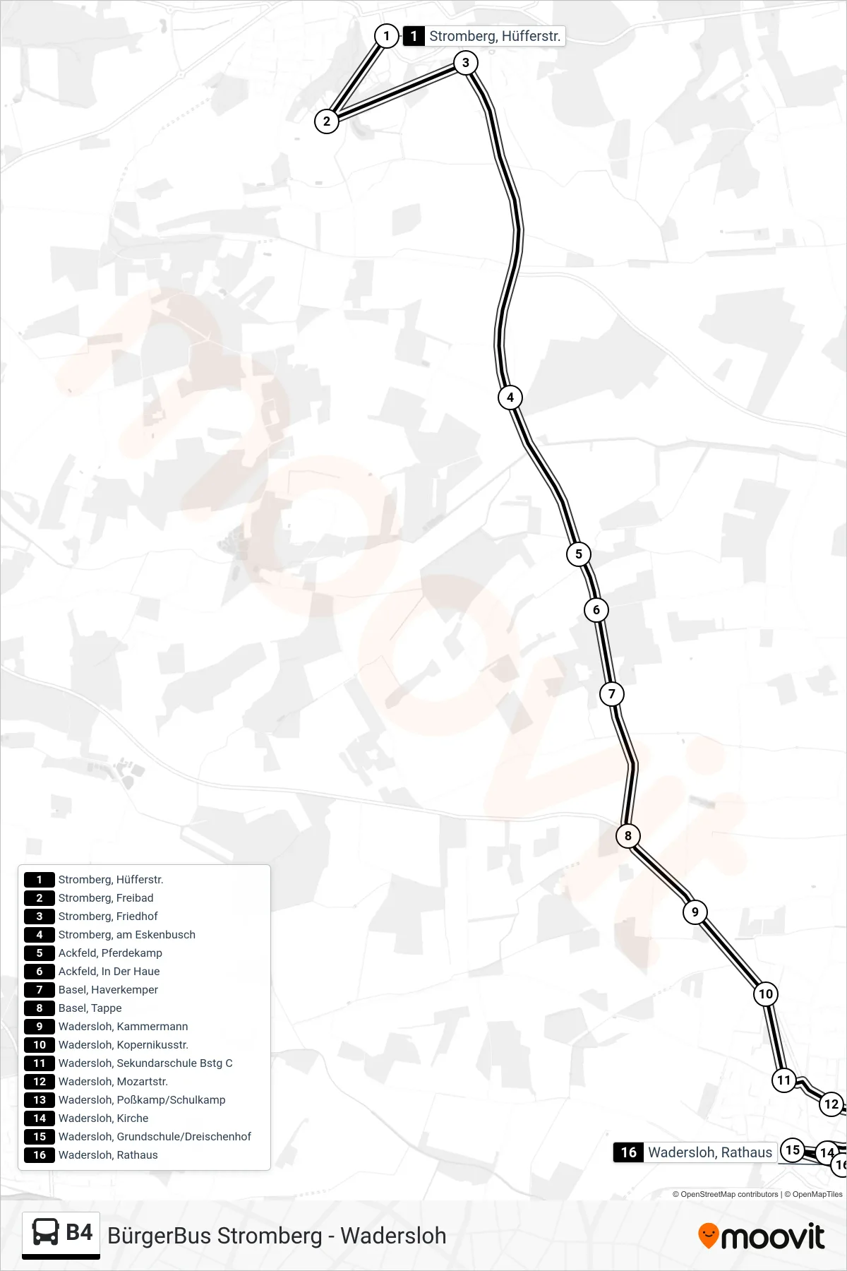 B4 bus Line (Wadersloh, Rathaus) route and stops on a map