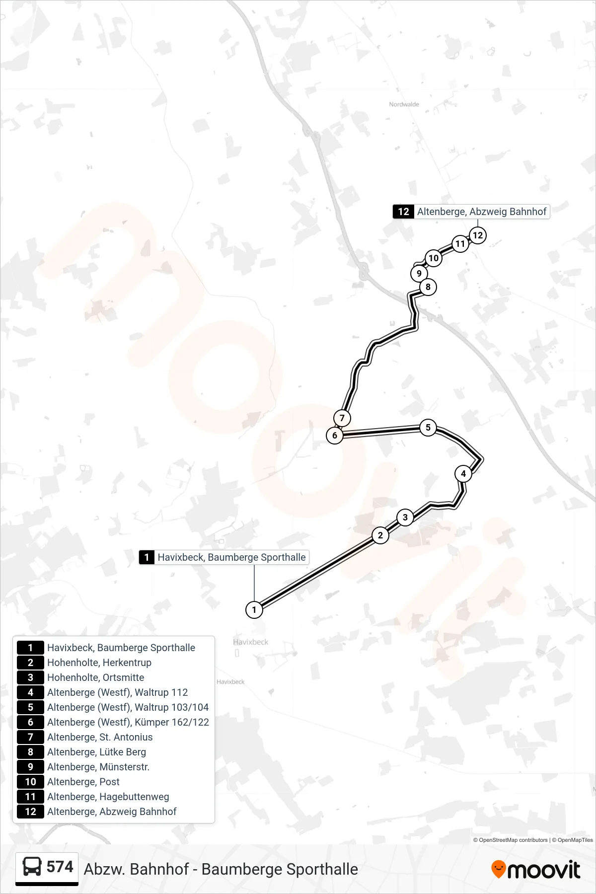 Linie 574 (Bus) Richtung Altenberge, Abzweig Bahnhof: Route und Haltestellen auf der Karte