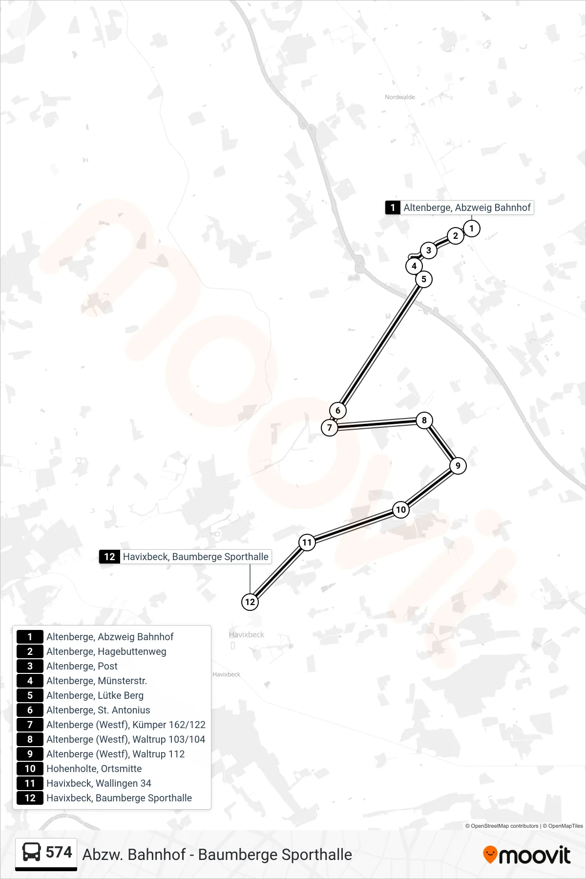 574 bus Line (Havixbeck, Baumberge Sporthalle) route and stops on a map