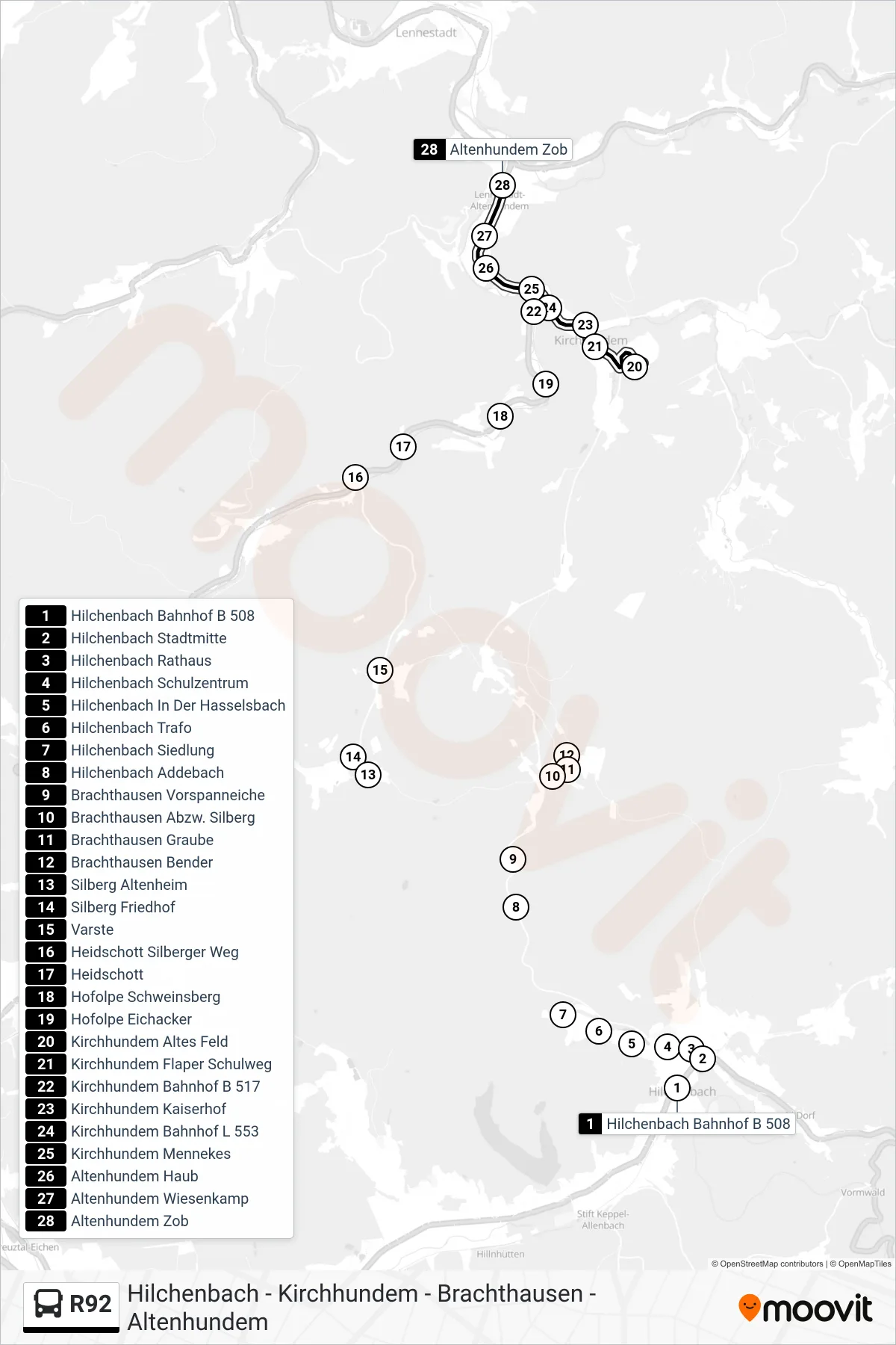 R92 bus Line (Altenhundem Zob Bstg 1c) route and stops on a map