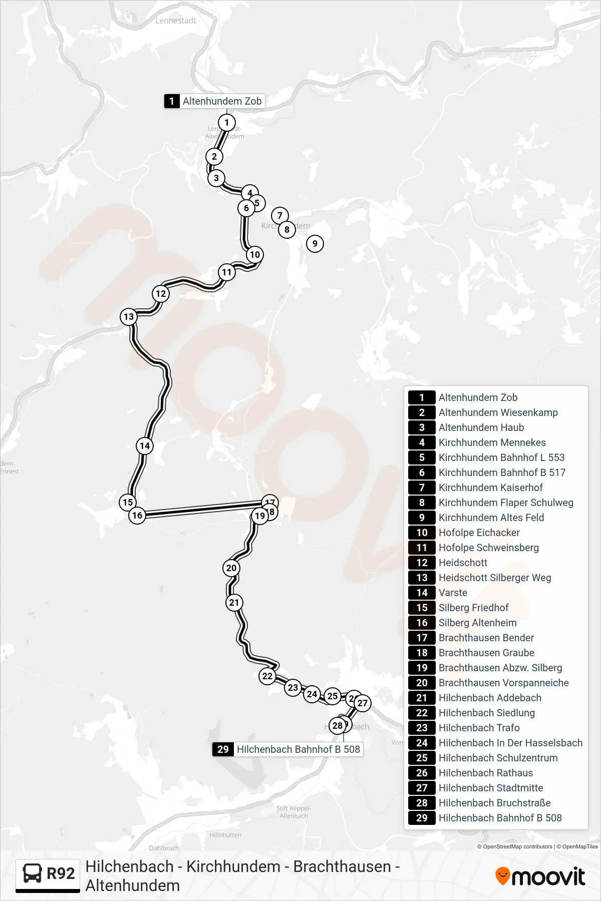 R92 bus Line (Hilchenbach Bahnhof B 508) route and stops on a map