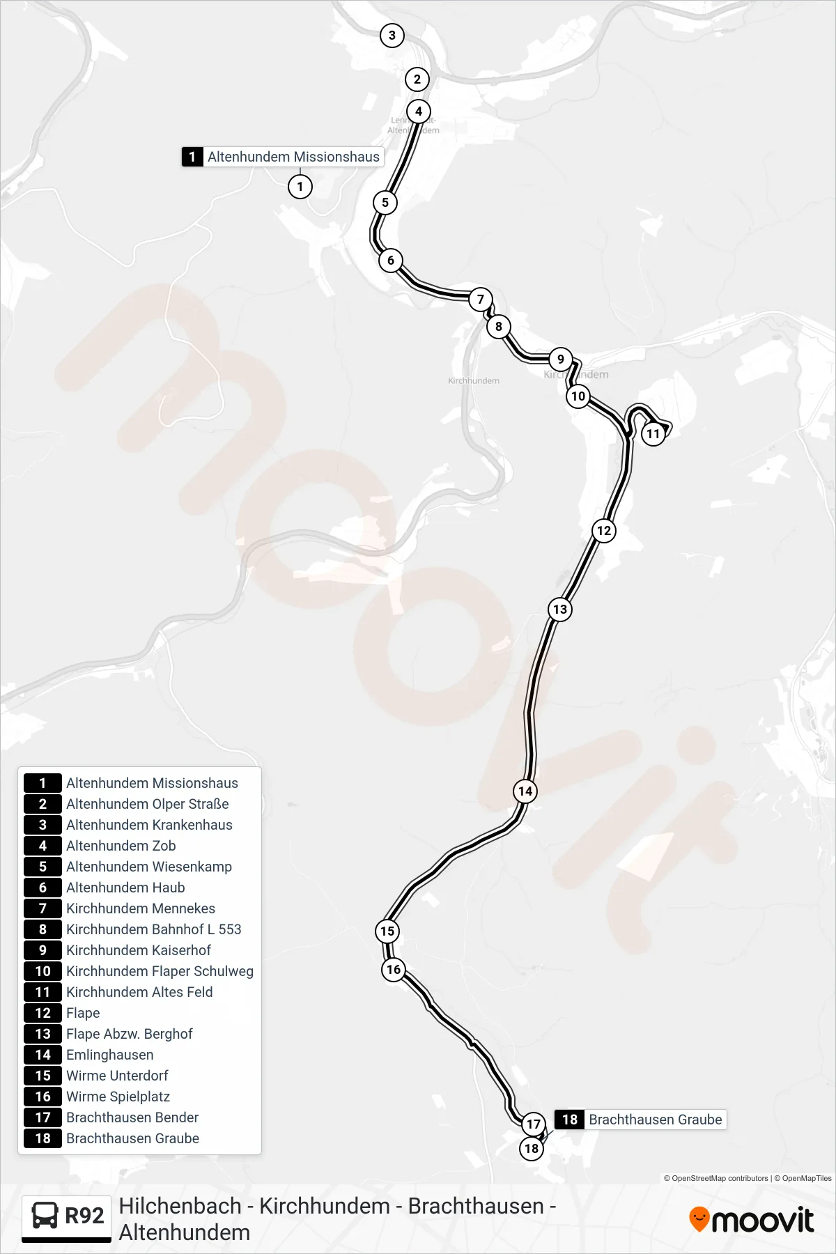 R92 bus Line (Brachthausen Graube) route and stops on a map