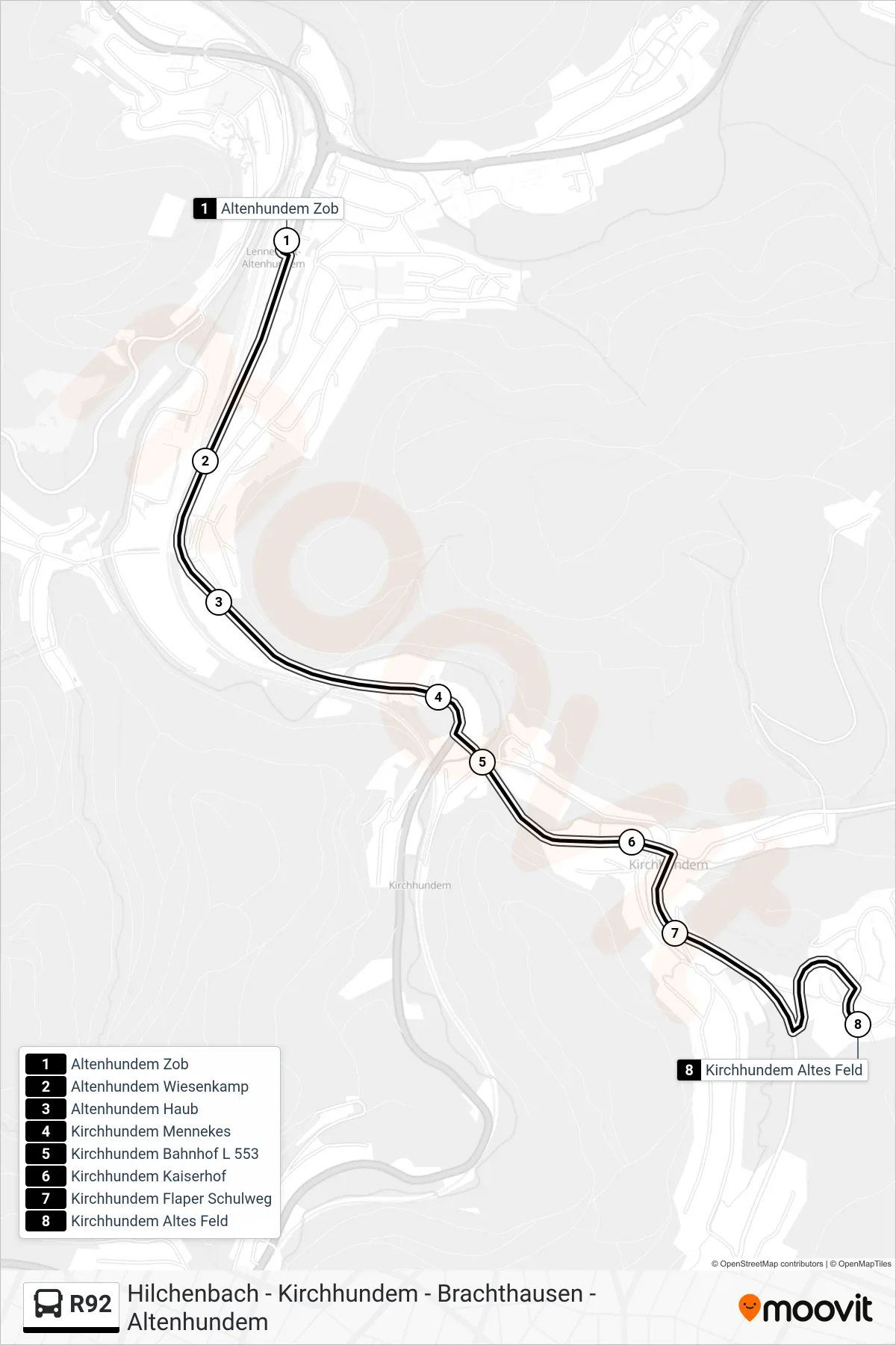 R92 bus Line (Kirchhundem Altes Feld) route and stops on a map