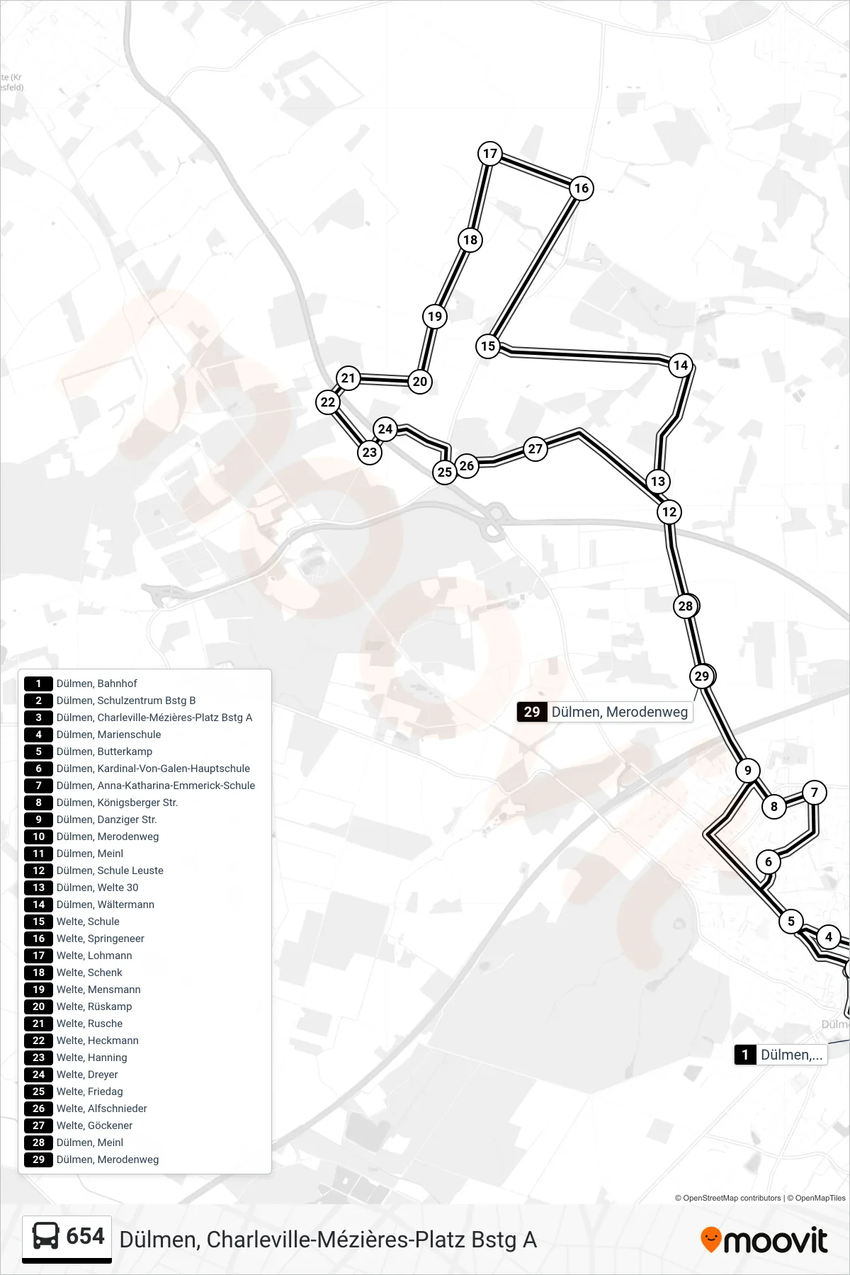654 bus Line (Dülmen, Charleville-Mézières-Platz Bstg A) route and stops on a map