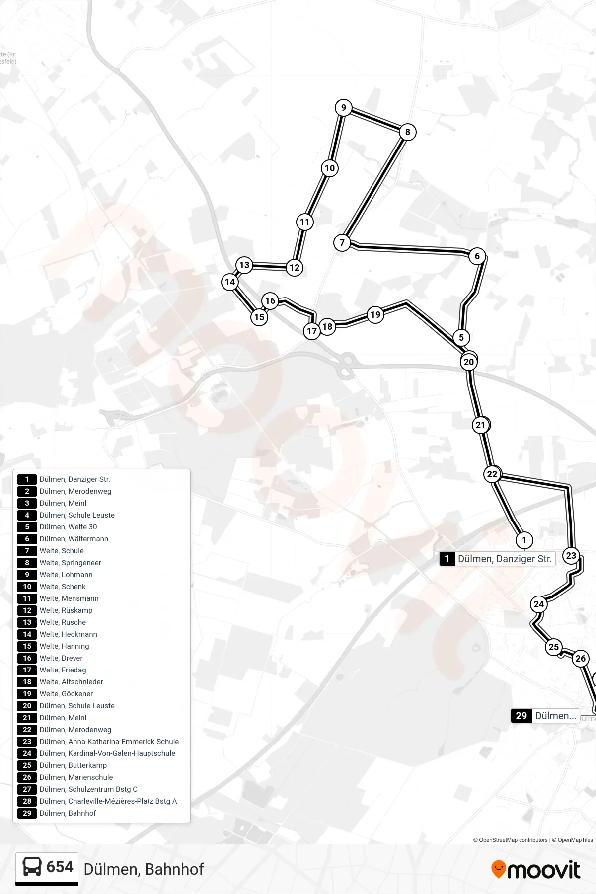 Linie 654 (Bus) Richtung Dülmen, Bahnhof: Route und Haltestellen auf der Karte