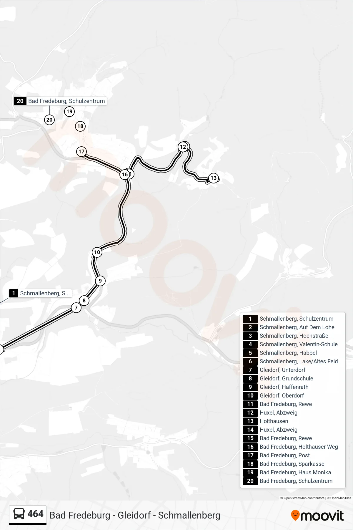 464 bus Line (Bad Fredeburg) route and stops on a map