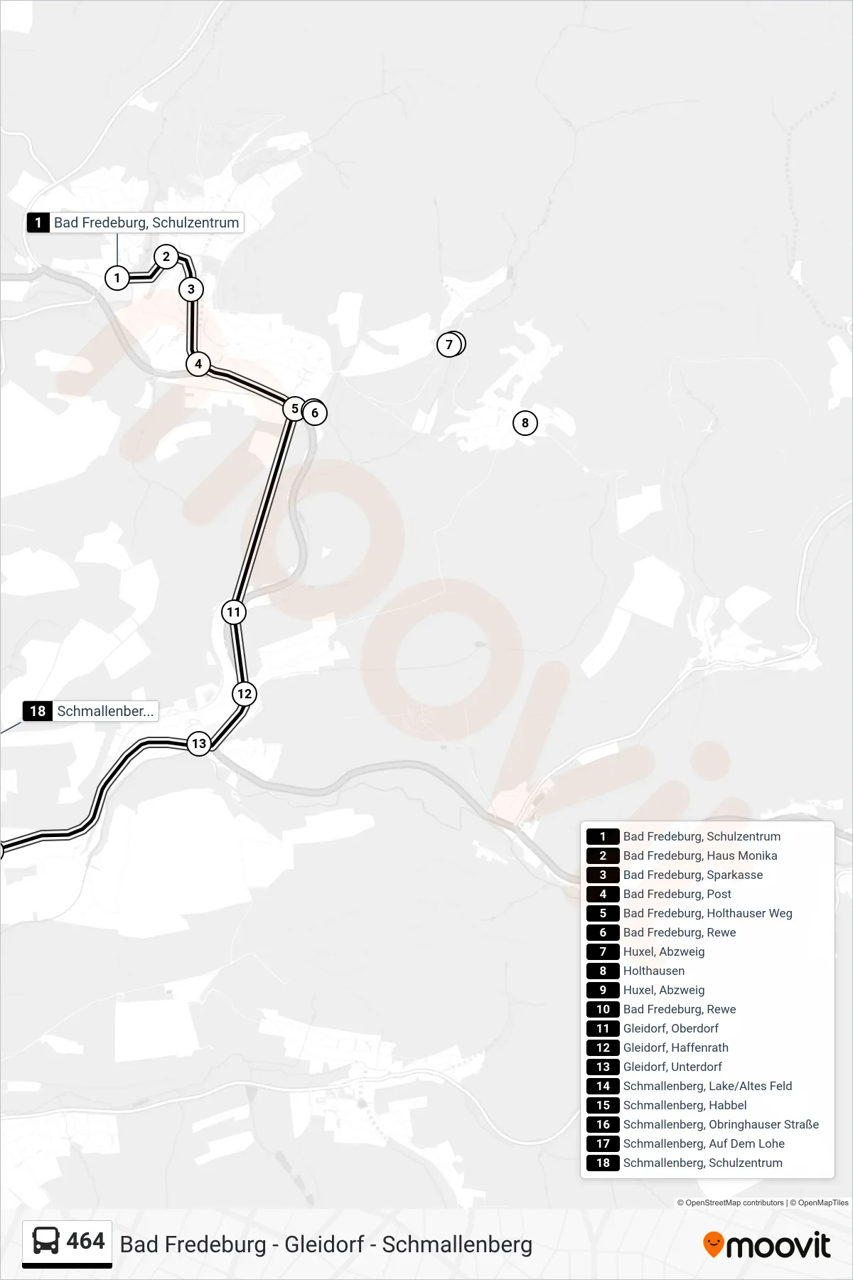 464 bus Line (Schmallenberg) route and stops on a map
