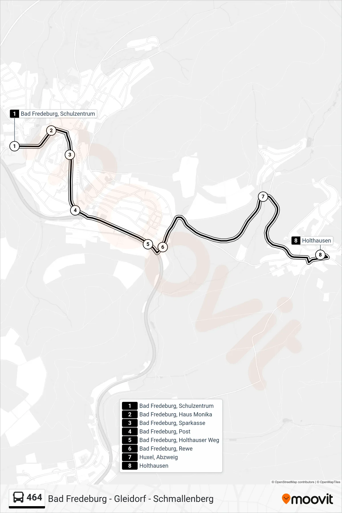 464 bus Line (Holthausen) route and stops on a map