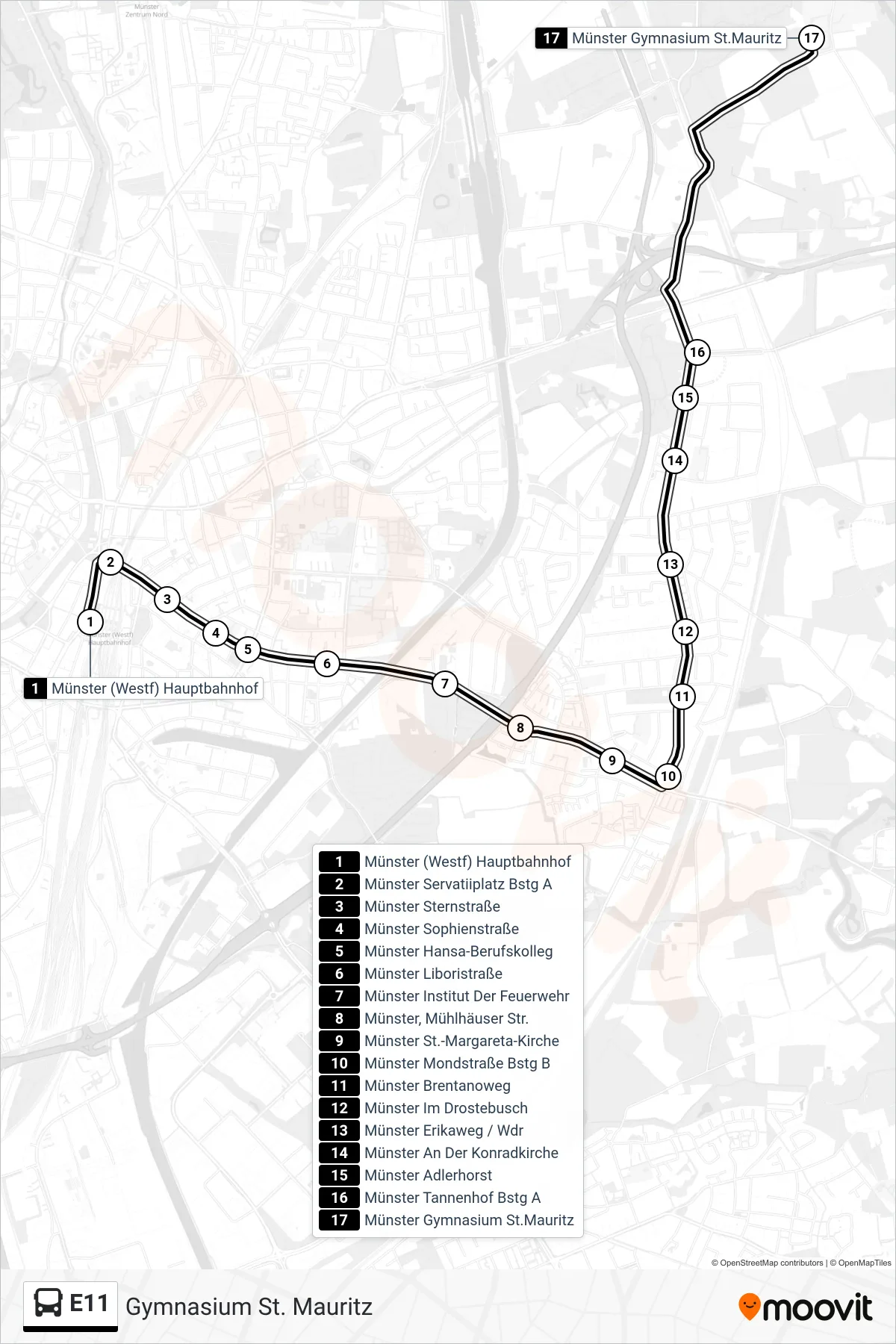 Linie E11 (Bus) Richtung Gymnasium St. Mauritz: Route und Haltestellen auf der Karte
