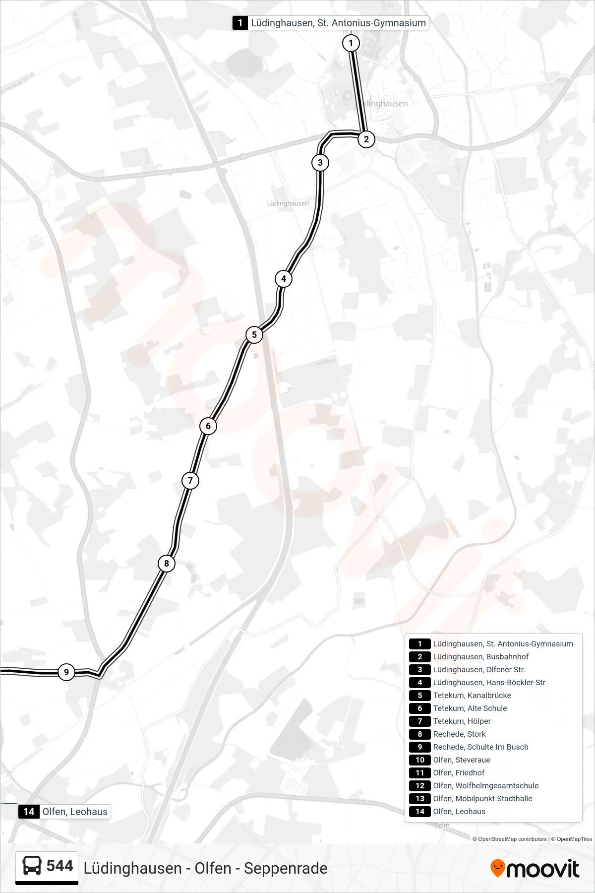 544 bus Line (Olfen, Leohaus) route and stops on a map