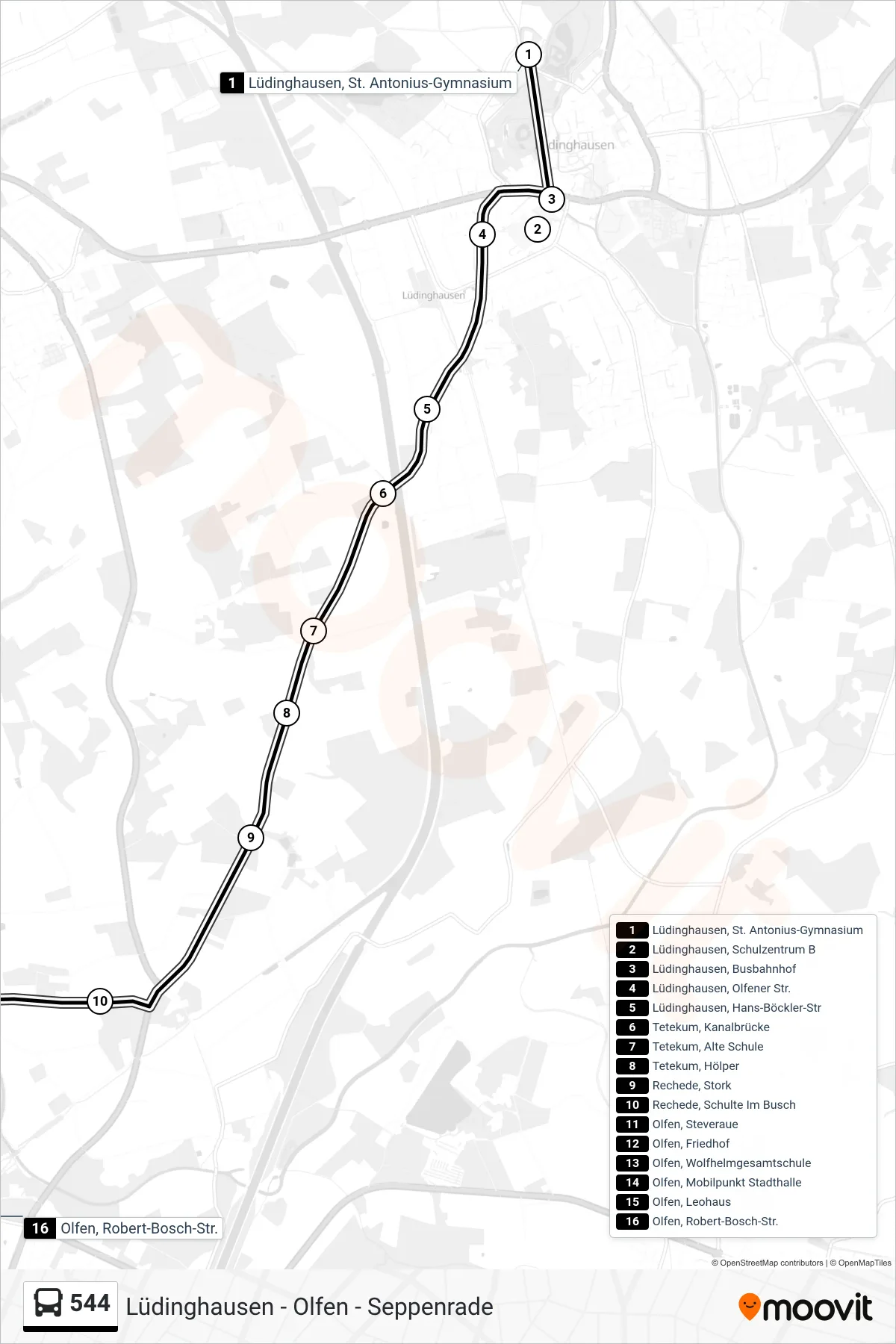 544 bus Line (Olfen, Robert-Bosch-Str.) route and stops on a map