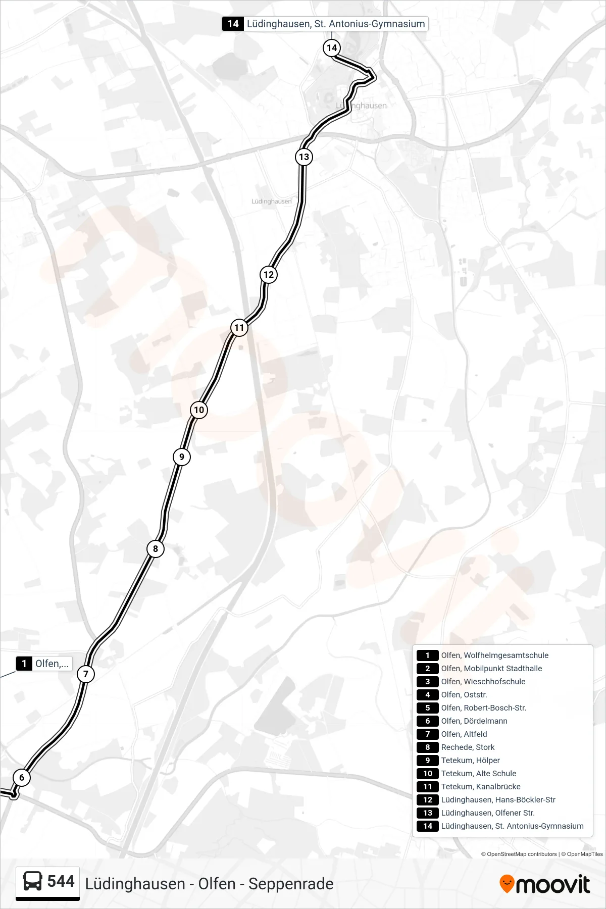 544 bus Line (Lüdinghausen, St. Antonius-Gymnasium) route and stops on a map
