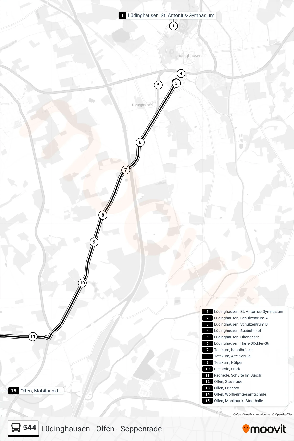 544 bus Line (Olfen, Mobilpunkt Stadthalle) route and stops on a map