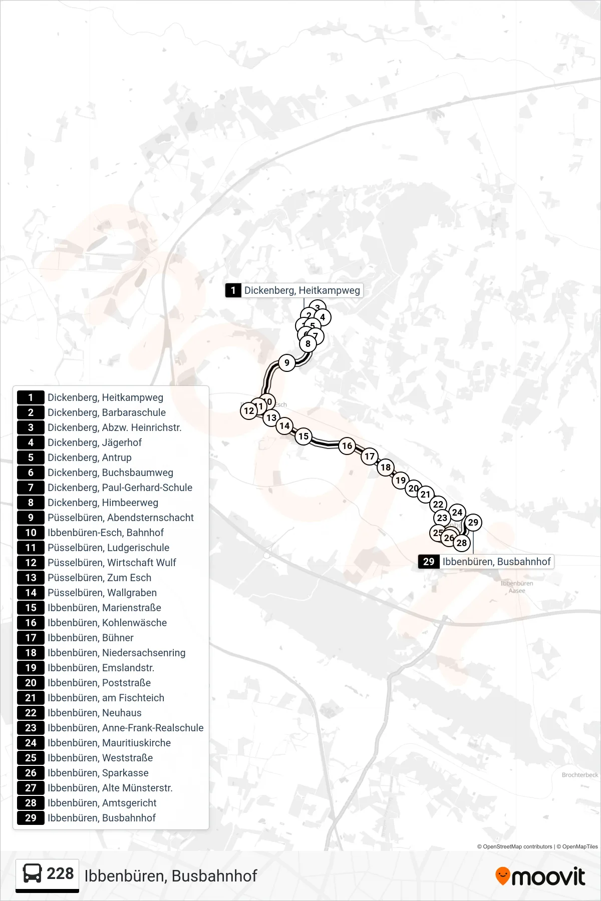 Linie 228 (Bus) Richtung Ibbenbüren, Busbahnhof: Route und Haltestellen auf der Karte