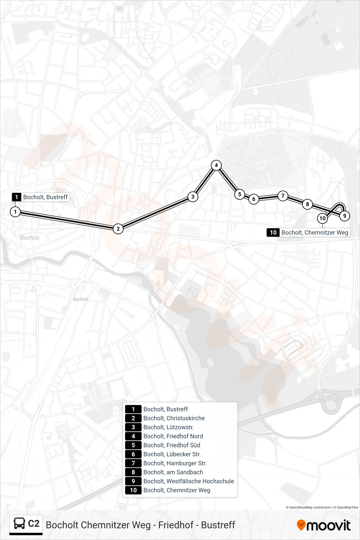 Linie C2 (Tram) Richtung Westf. Hochschule: Route und Haltestellen auf der Karte