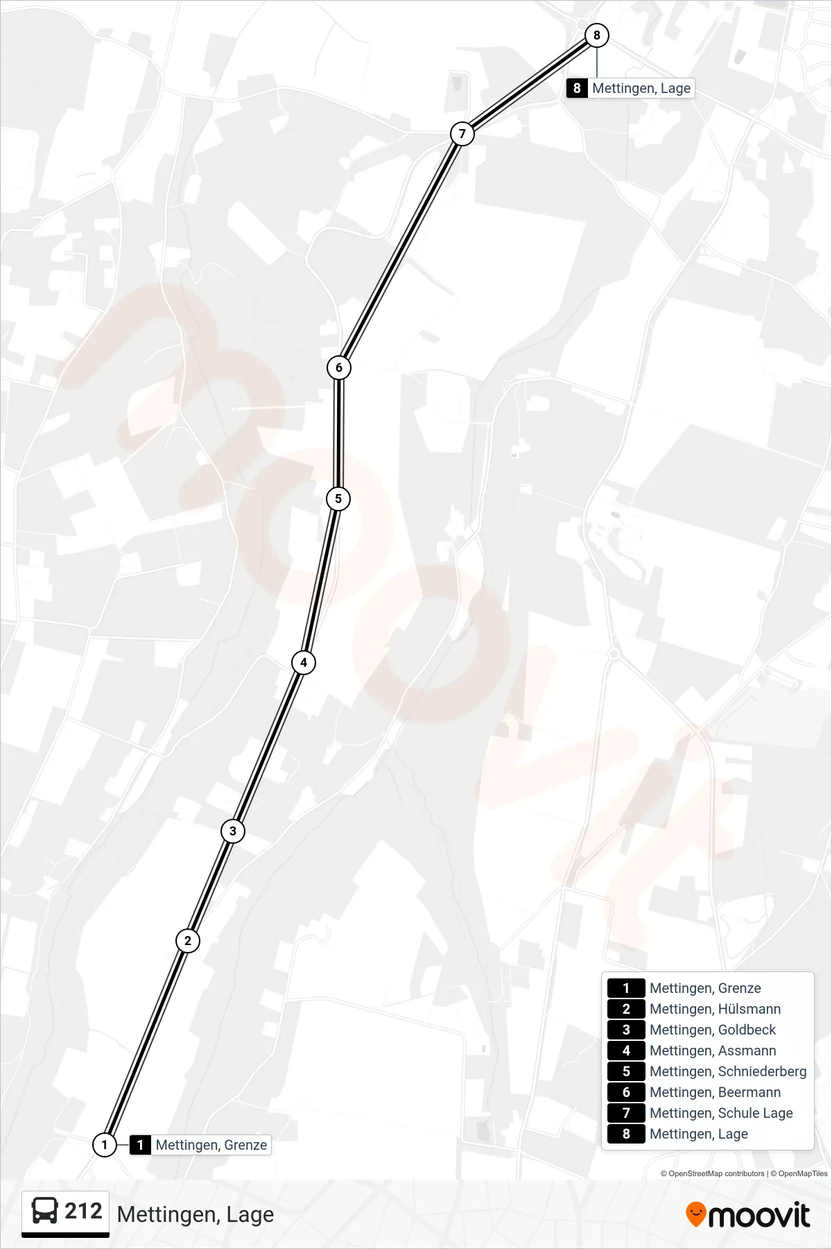 212 bus Line (Mettingen, Lage) route and stops on a map