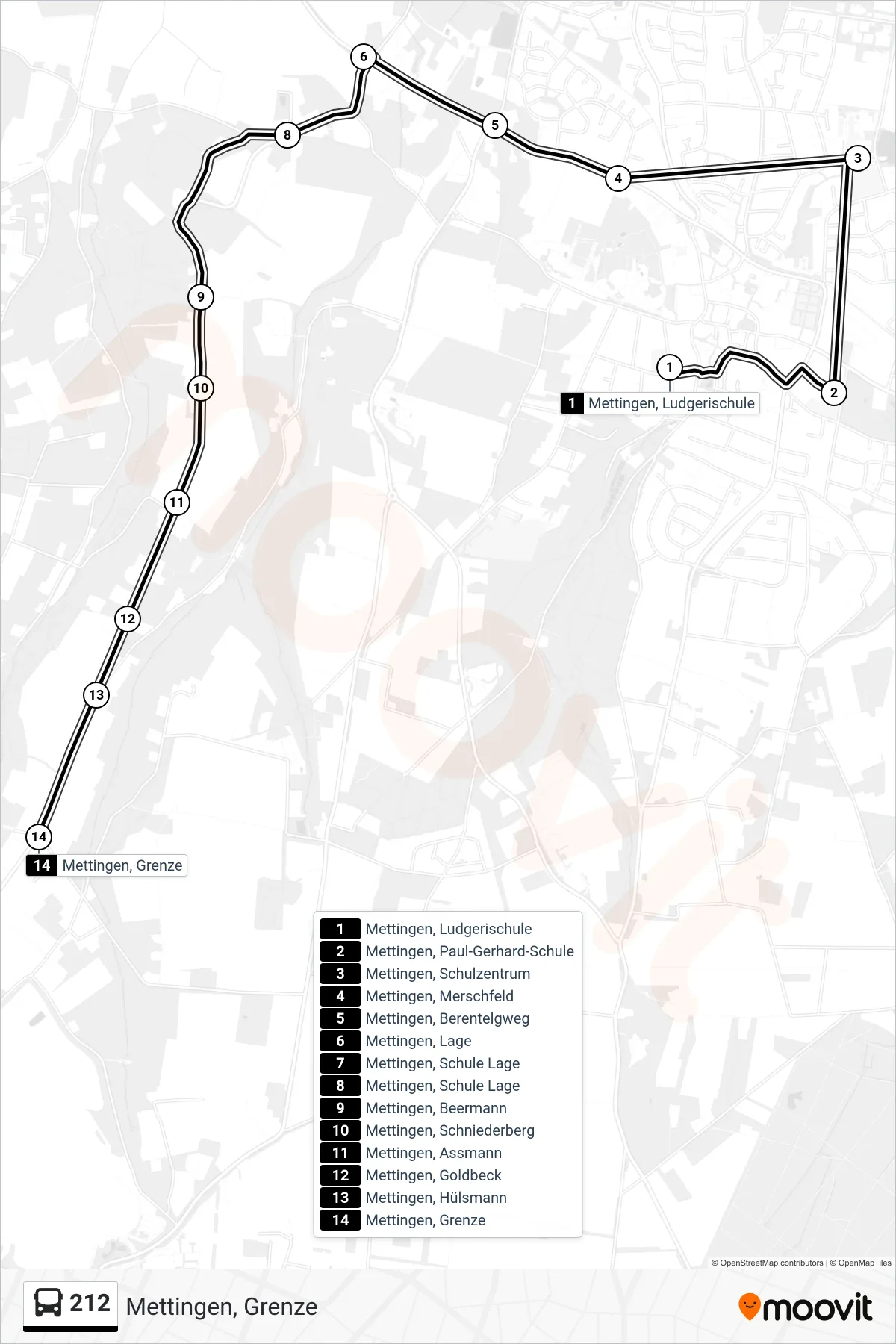 212 bus Line (Mettingen, Grenze) route and stops on a map
