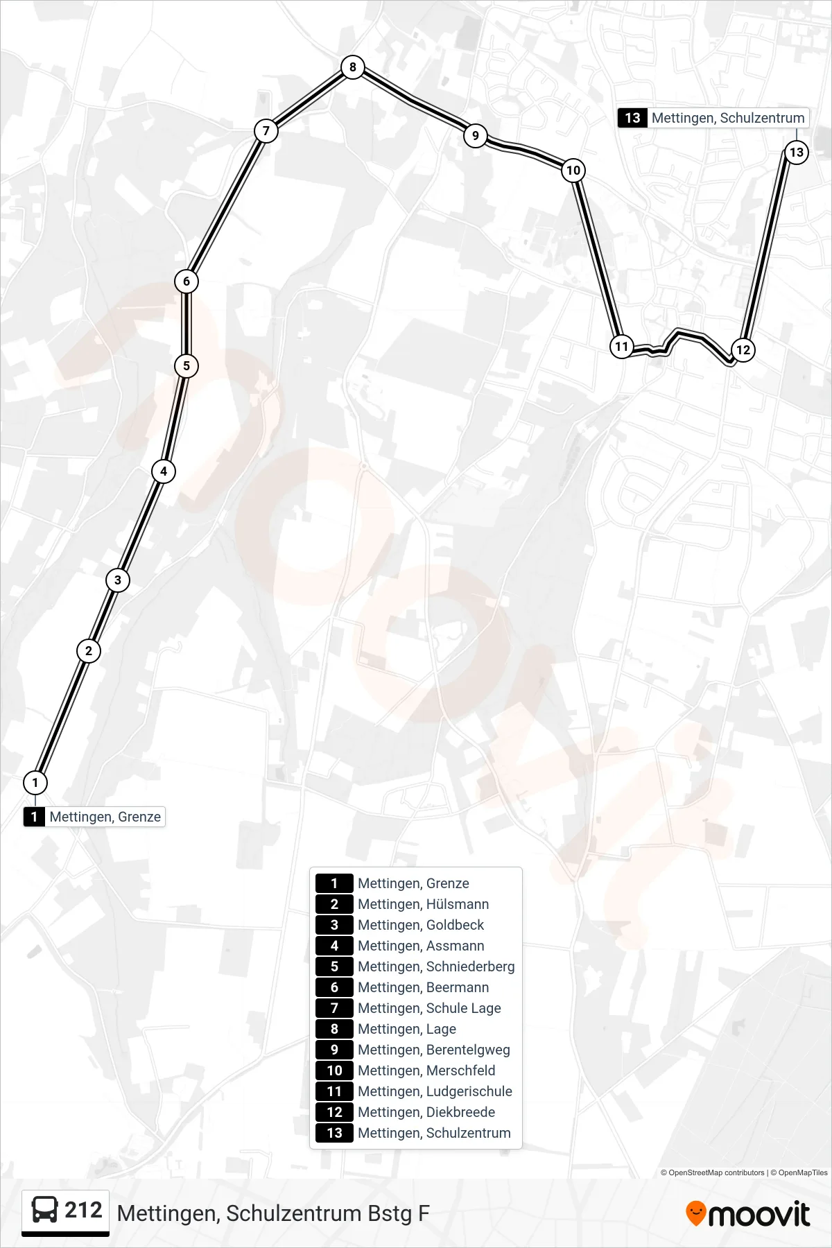 Linie 212 (Bus) Richtung Mettingen, Schulzentrum Bstg F: Route und Haltestellen auf der Karte
