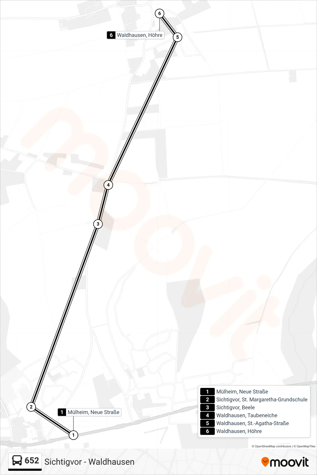 652 bus Line (Waldhausen, Höhre) route and stops on a map