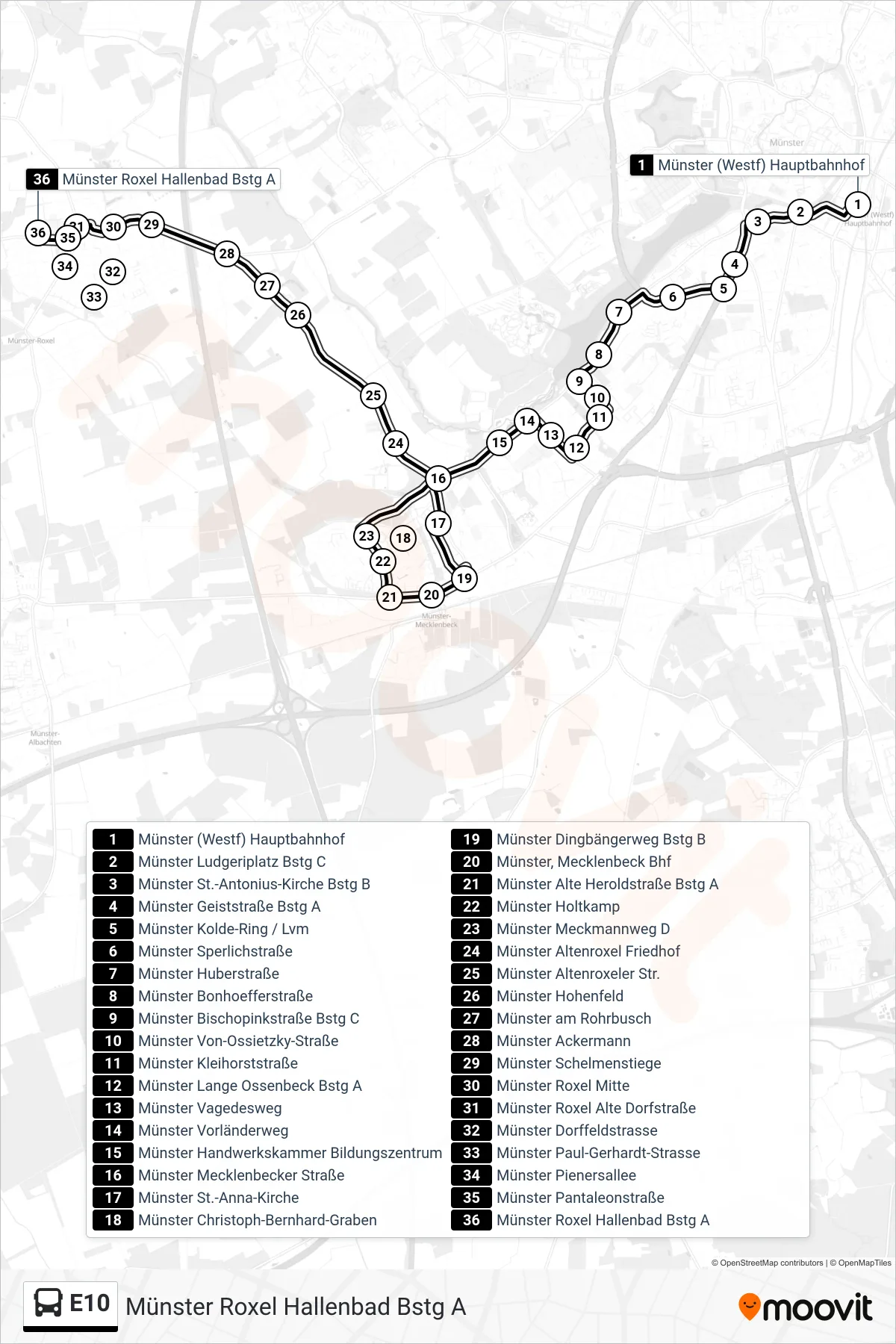 Linie E10 (Bus) Richtung Münster Roxel Hallenbad Bstg A: Route und Haltestellen auf der Karte