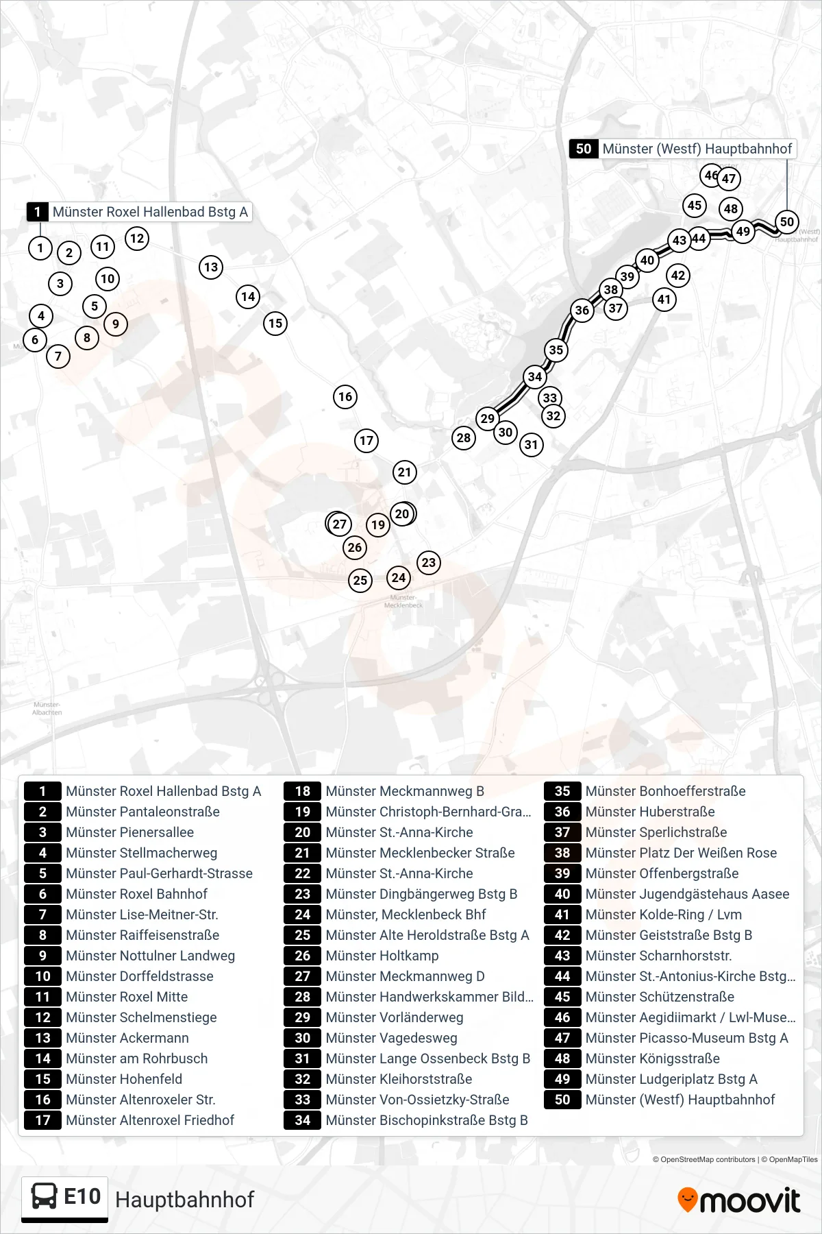 Linie E10 (Bus) Richtung Hauptbahnhof: Route und Haltestellen auf der Karte
