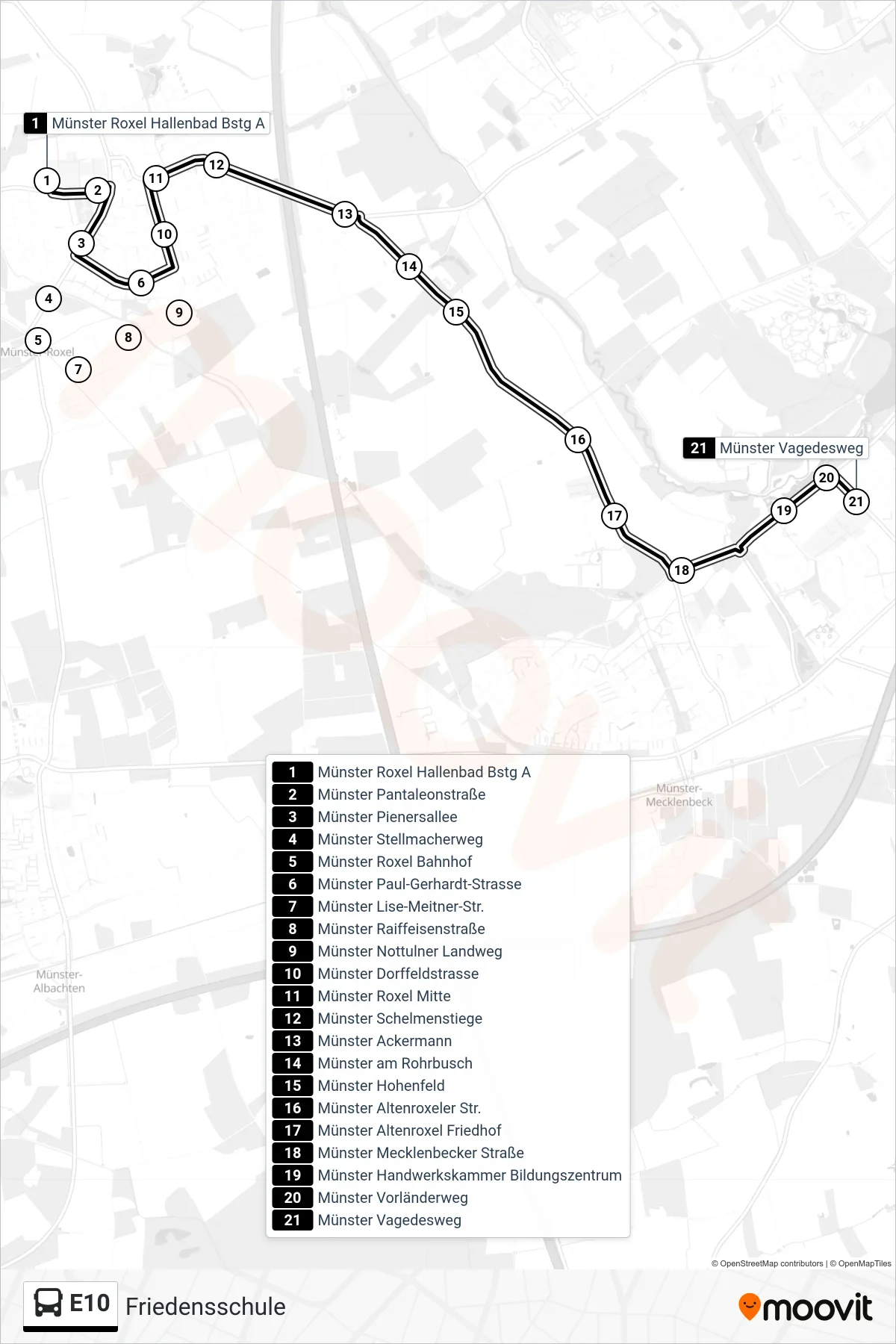 Linie E10 (Bus) Richtung Friedensschule: Route und Haltestellen auf der Karte