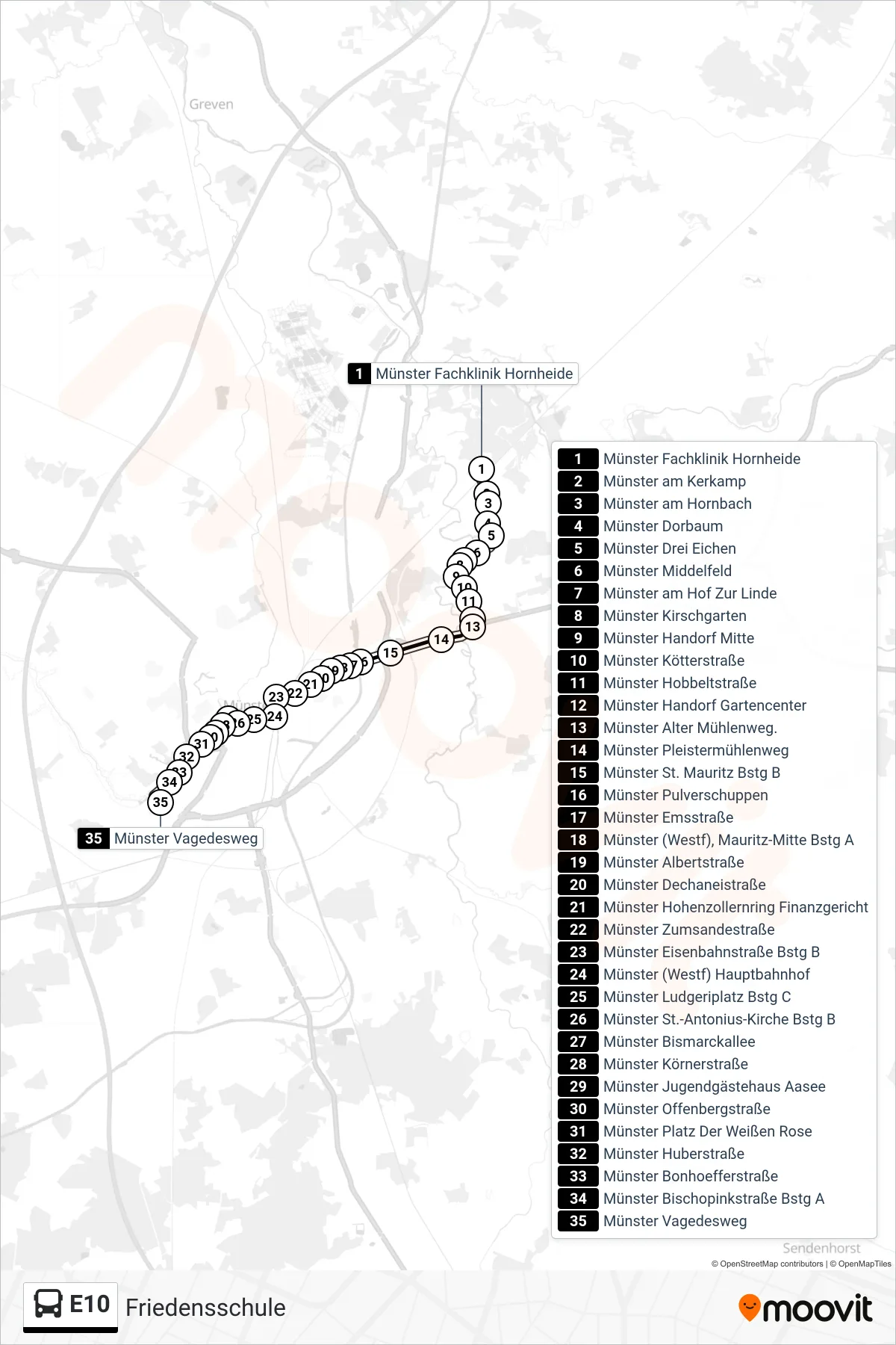Linie E10 (Bus) Richtung Friedensschule: Route und Haltestellen auf der Karte