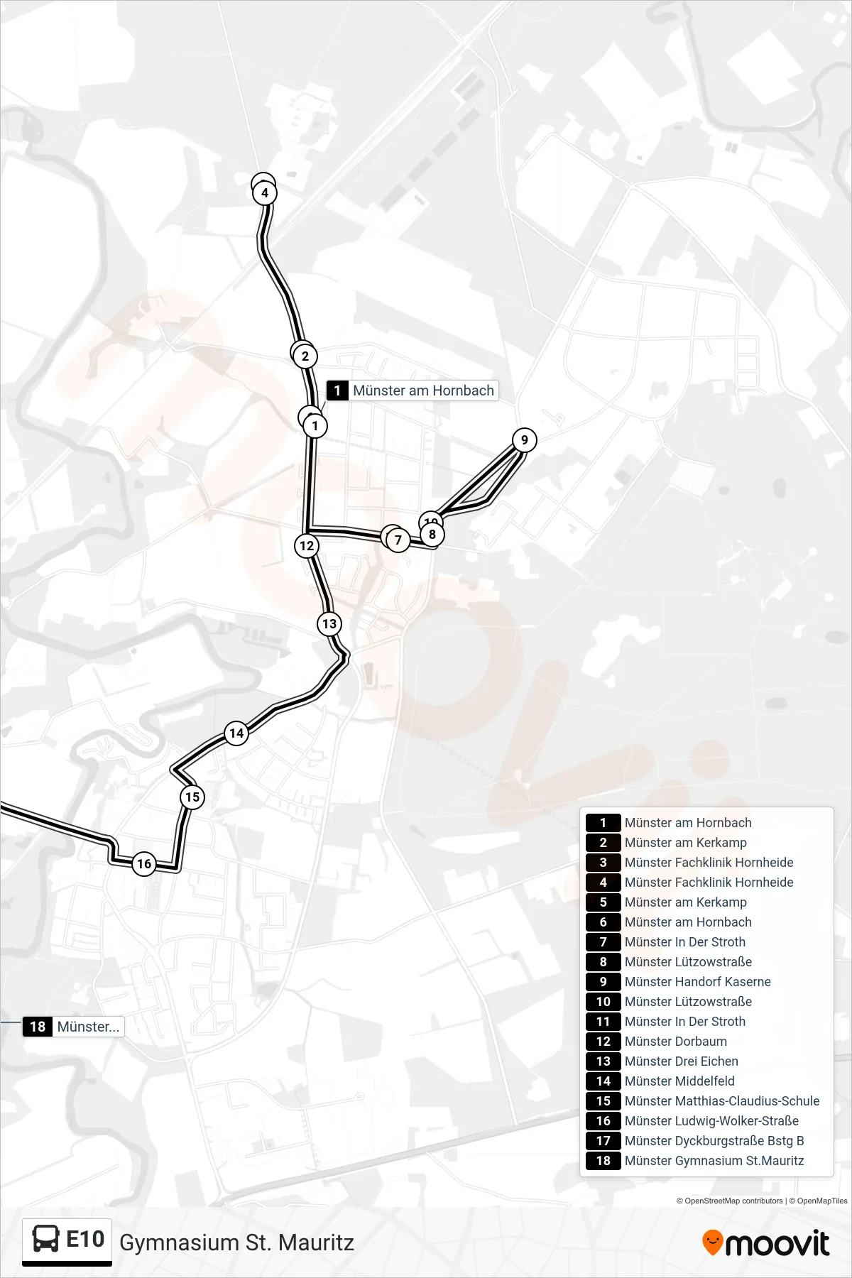Linie E10 (Bus) Richtung Gymnasium St. Mauritz: Route und Haltestellen auf der Karte