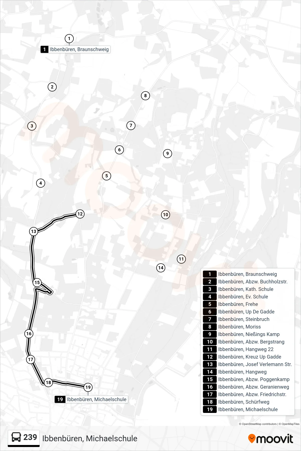 239 bus Line (Ibbenbüren, Michaelschule) route and stops on a map
