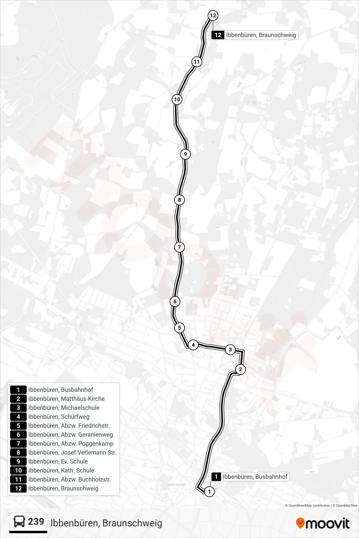 Linie 239 (Bus) Richtung Ibbenbüren, Braunschweig: Route und Haltestellen auf der Karte