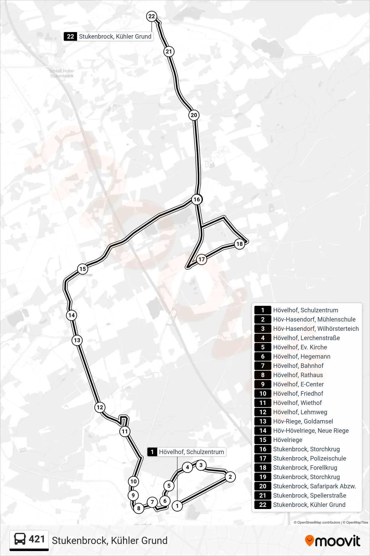 Linie 421 (Bus) Richtung Stukenbrock, Kühler Grund: Route und Haltestellen auf der Karte